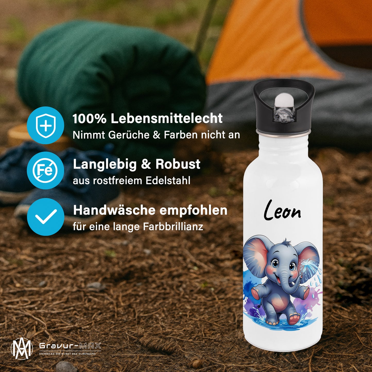 Trinkflasche mit Strohhalm in Weiß 600ml bedruckt mit niedlichen Tieren"Elefant" personalisierbar für Kinder mit Wunschname aus Edelstahl
