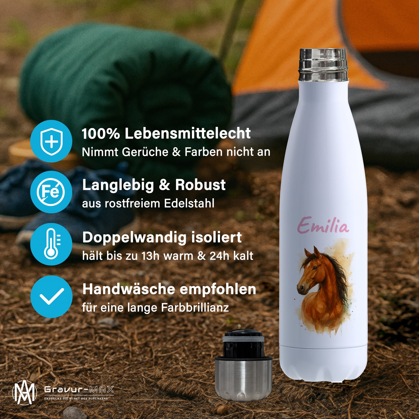 Thermoflasche 500ml in Weiß bedruckt mit tollen Motiven für Kinder "Pferd" personalisierbar mit Wunschname
