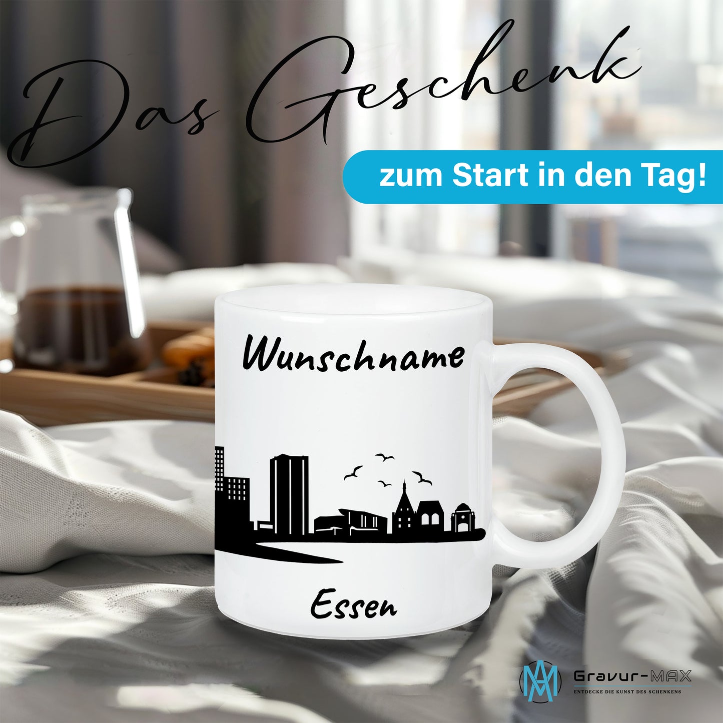Tasse in Weiß 330ml bedruckt mit der Skyline von Essen personalisierbar mit Wunschname