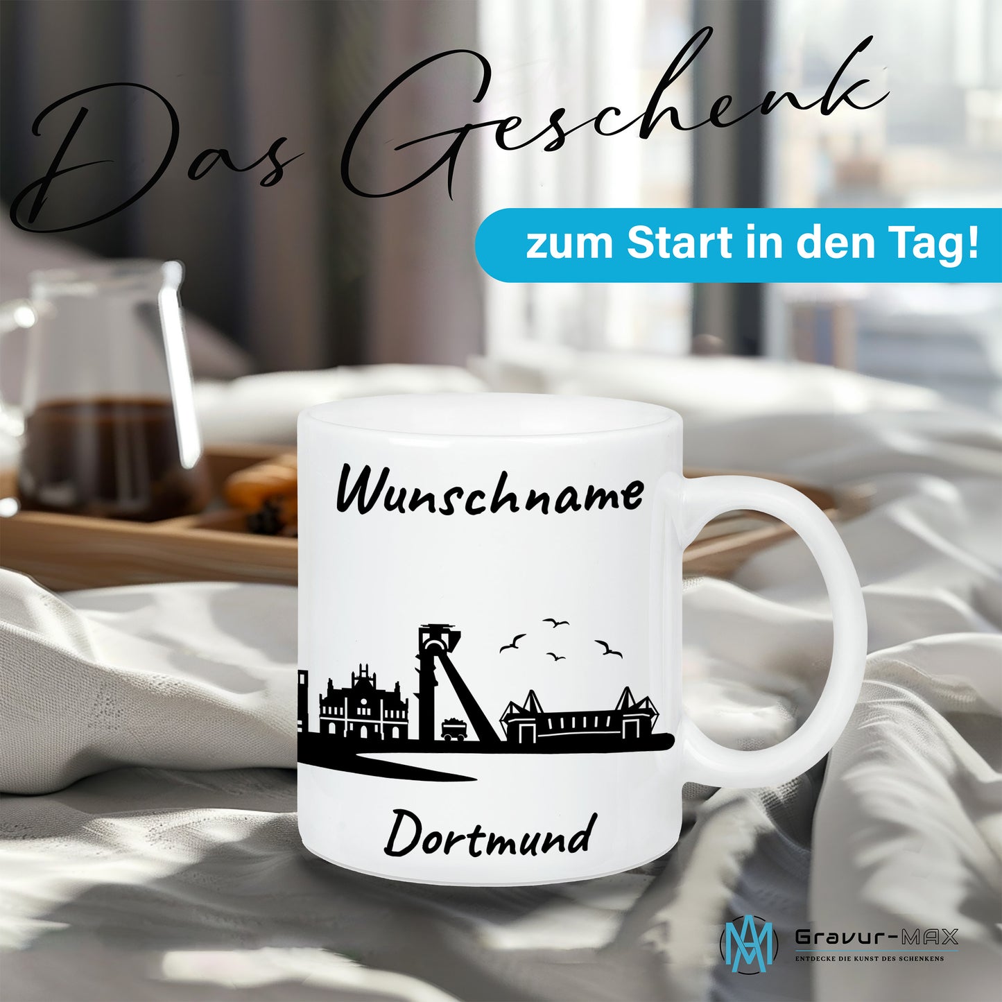 Tasse in Weiß 330ml bedruckt mit der Skyline von Dortmund personalisierbar mit Wunschname