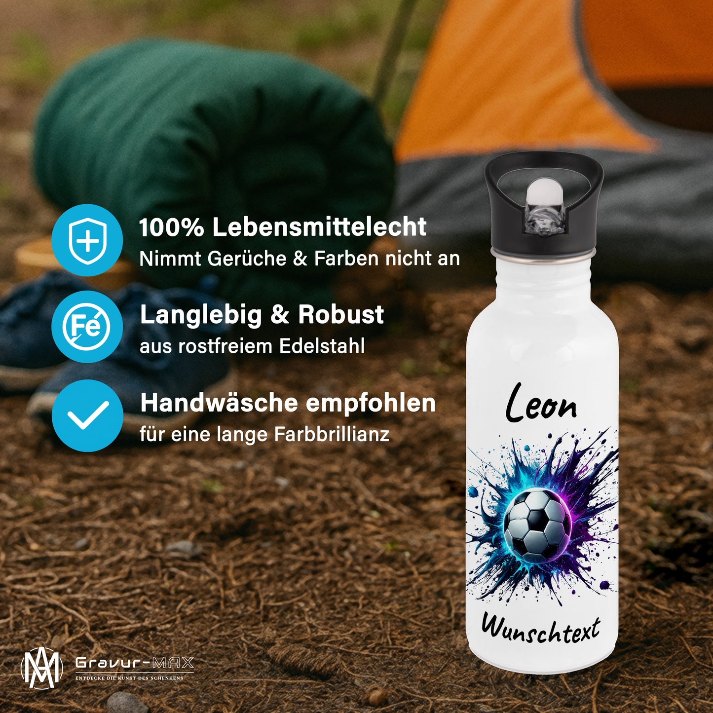 Trinkflasche mit Strohhalm in Weiß 600ml bedruckt mit Fußball Motiven"Motiv10" personalisierbar für Kinder mit Wunschname aus Edelstahl