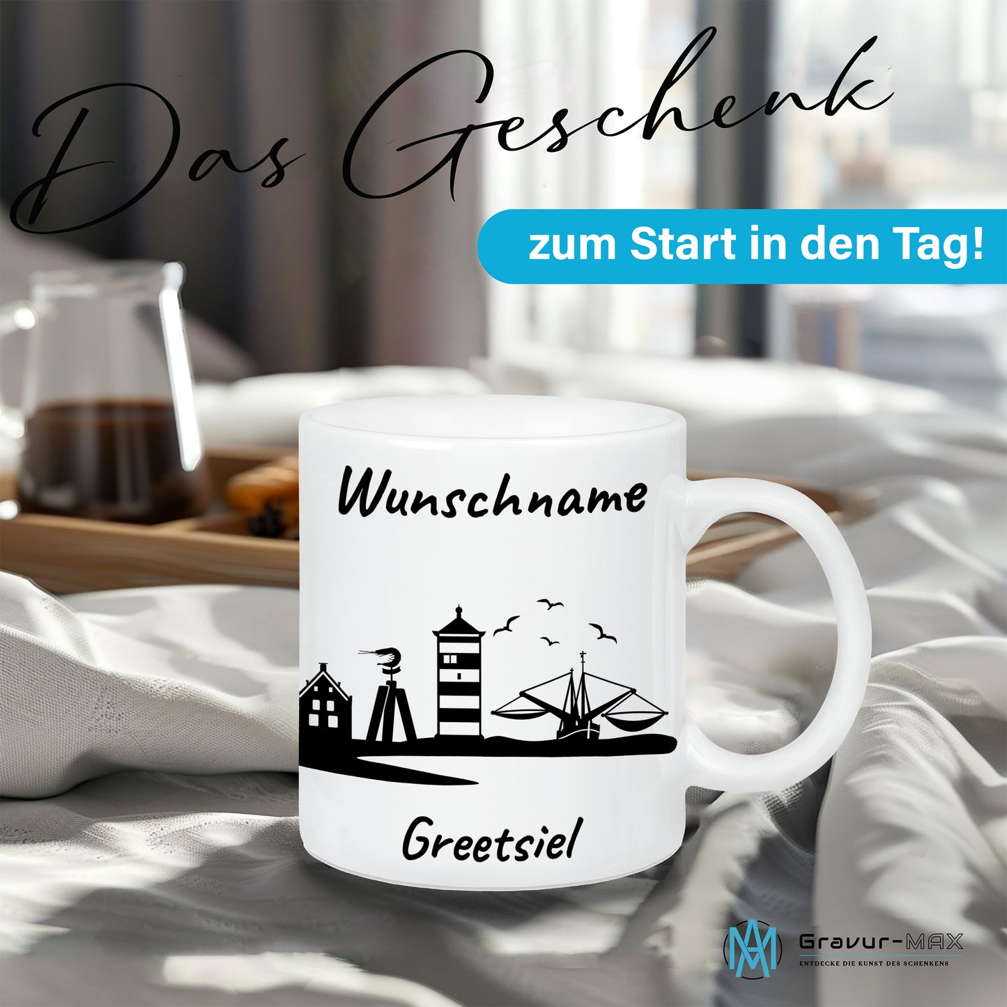 Tasse in Weiß 330ml bedruckt mit der Skyline von Greetsiel personalisierbar mit Wunschname