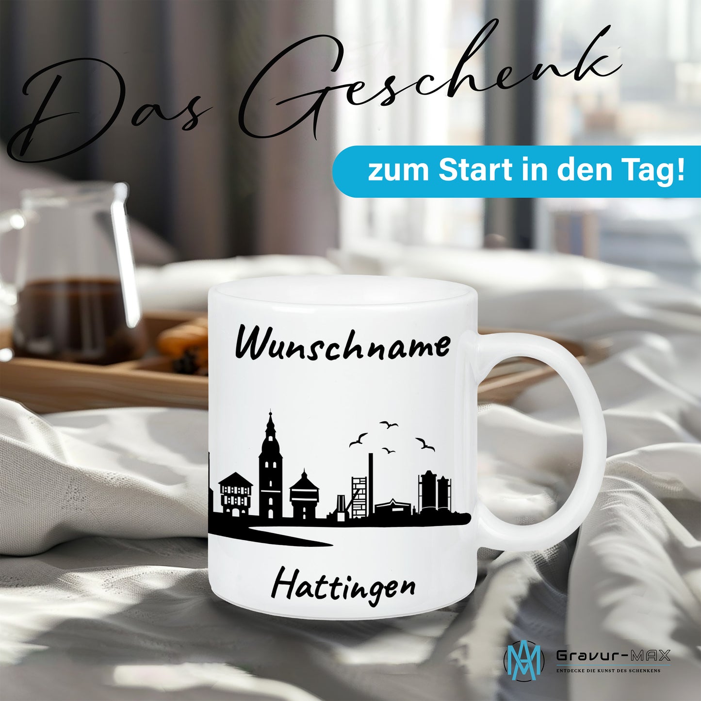 Tasse in Weiß 330ml bedruckt mit der Skyline von Hattingen personalisierbar mit Wunschname
