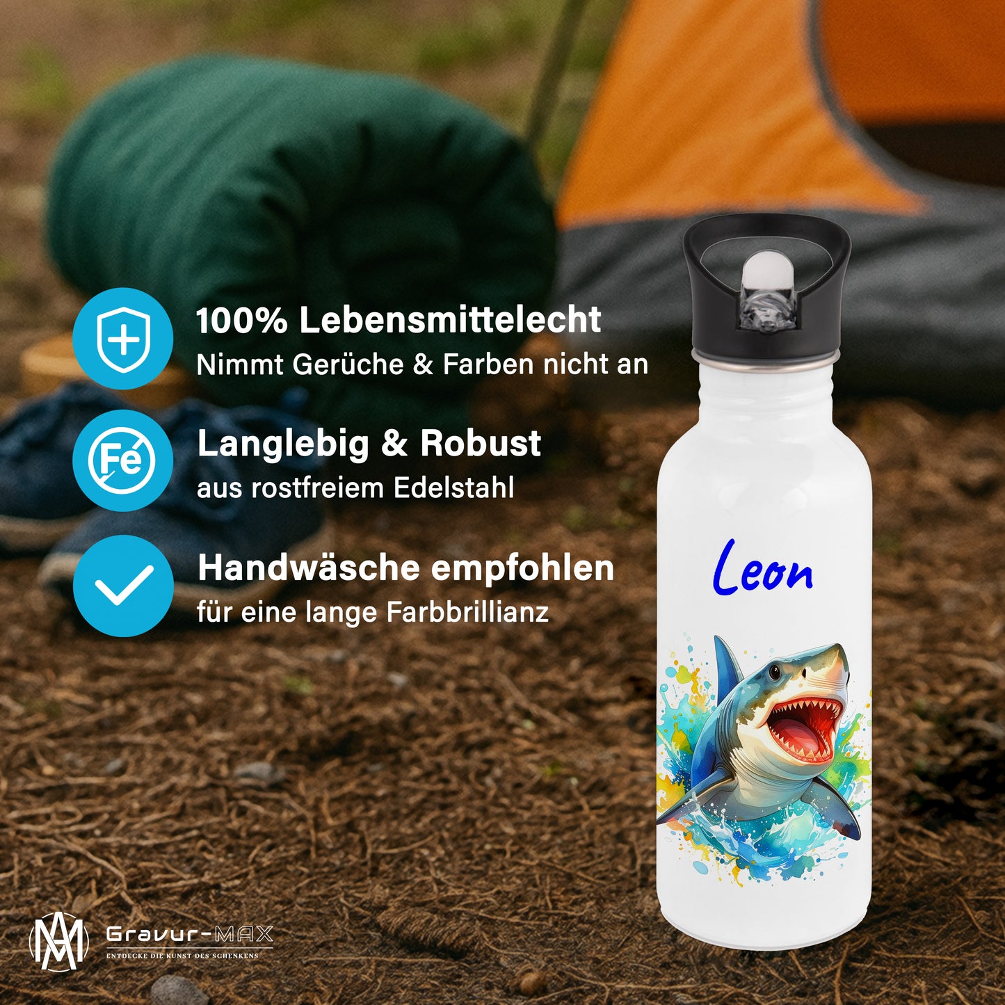 Trinkflasche mit Strohhalm in Weiß 600ml bedruckt mit tollen Motiven für Kinder "Hai" personalisierbar für Kinder mit Wunschname aus Edelstahl