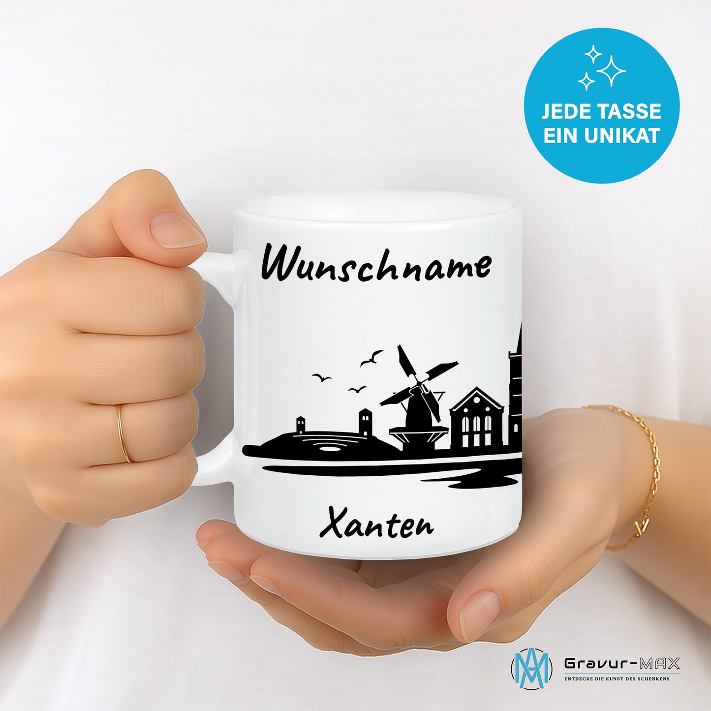 Tasse in Weiß 330ml bedruckt mit der Skyline von Xanten personalisierbar mit Wunschname