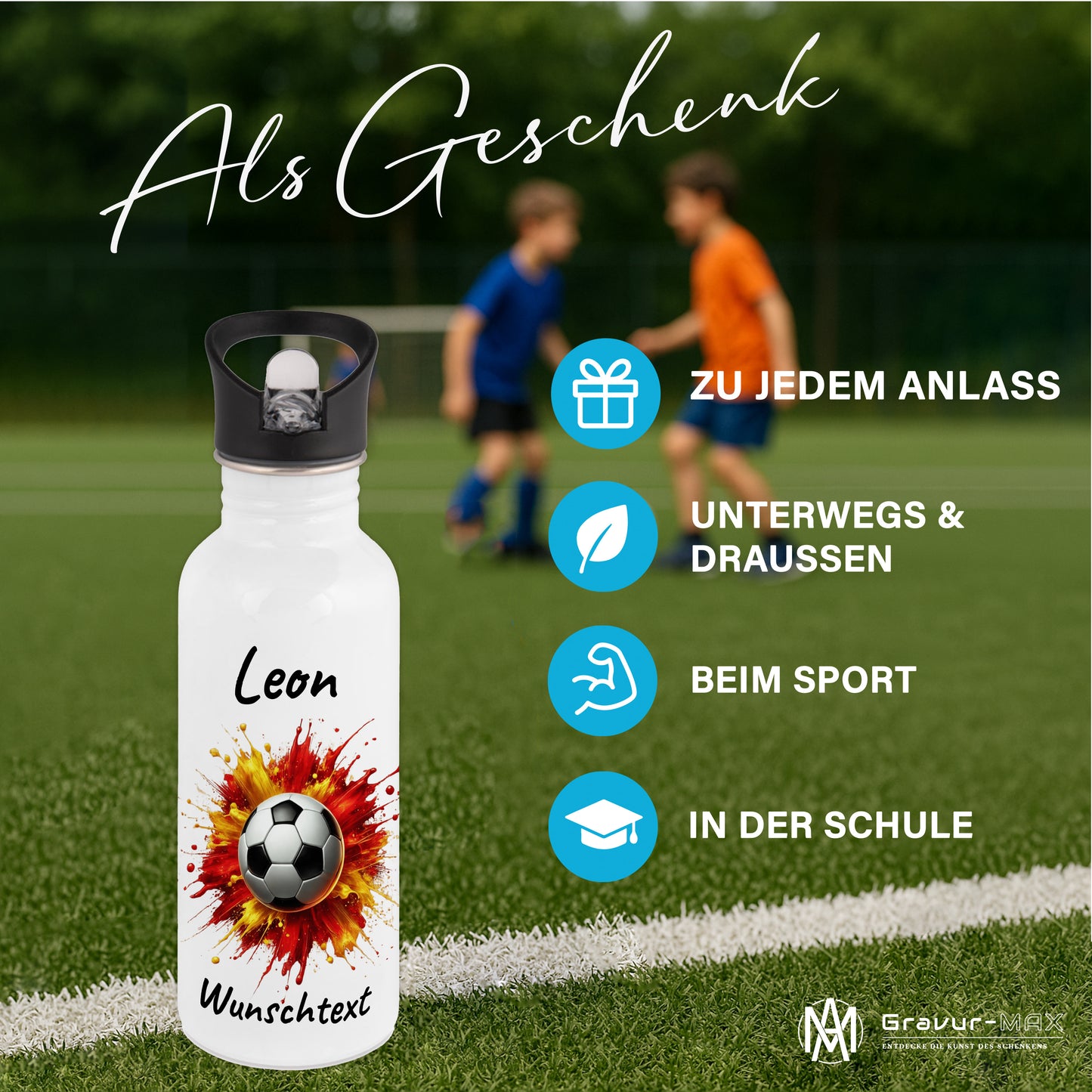 Trinkflasche mit Strohhalm in Weiß 600ml bedruckt mit Fußball Motiven"Motiv9" personalisierbar für Kinder mit Wunschname aus Edelstahl