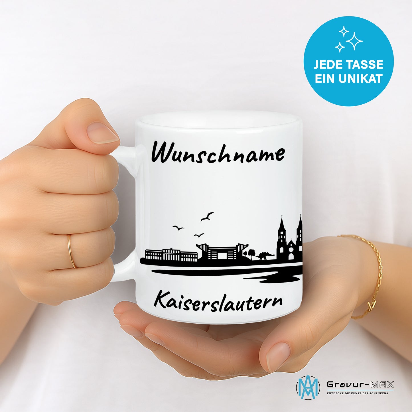 Tasse in Weiß 330ml bedruckt mit der Skyline von Kaiserslautern personalisierbar mit Wunschname