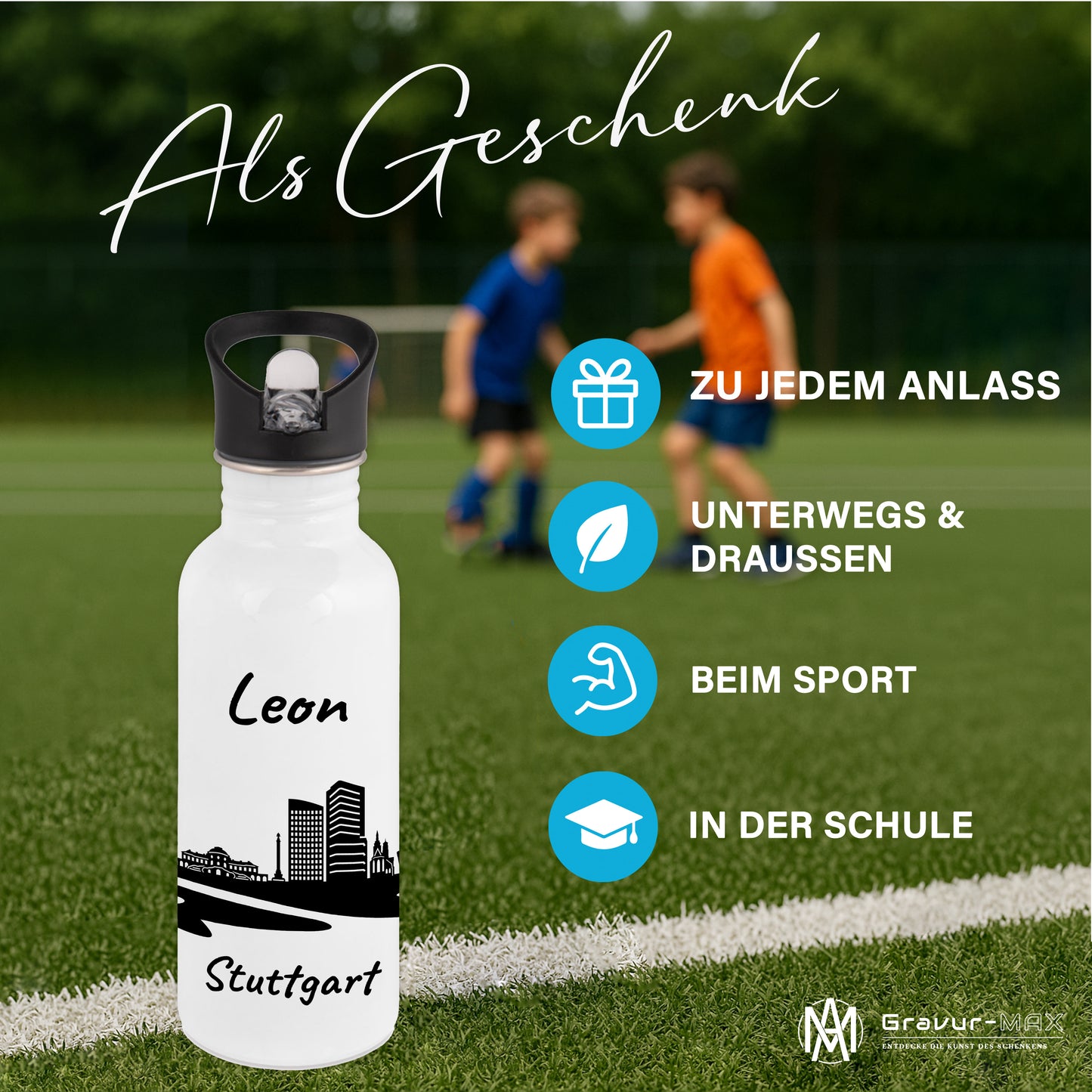 Trinkflasche in Weiß 600ml aus Edelstahl bedruckt mit der Skyline von Stuttgart personalisierbar mit Wunschname