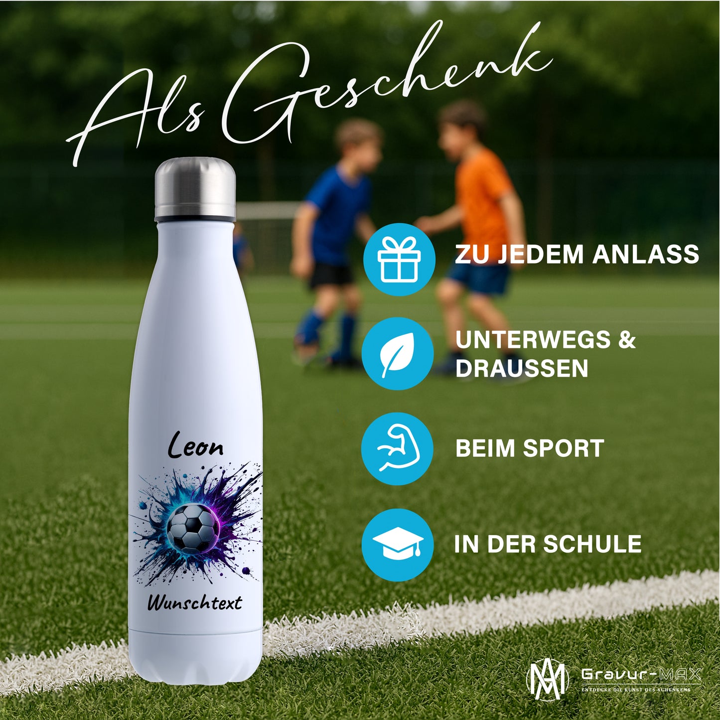Thermoflasche 500ml in Weiß aus Edelstahl bedruckt "Fußball" Motiv10 personalisierbar mit Wunschname & Text