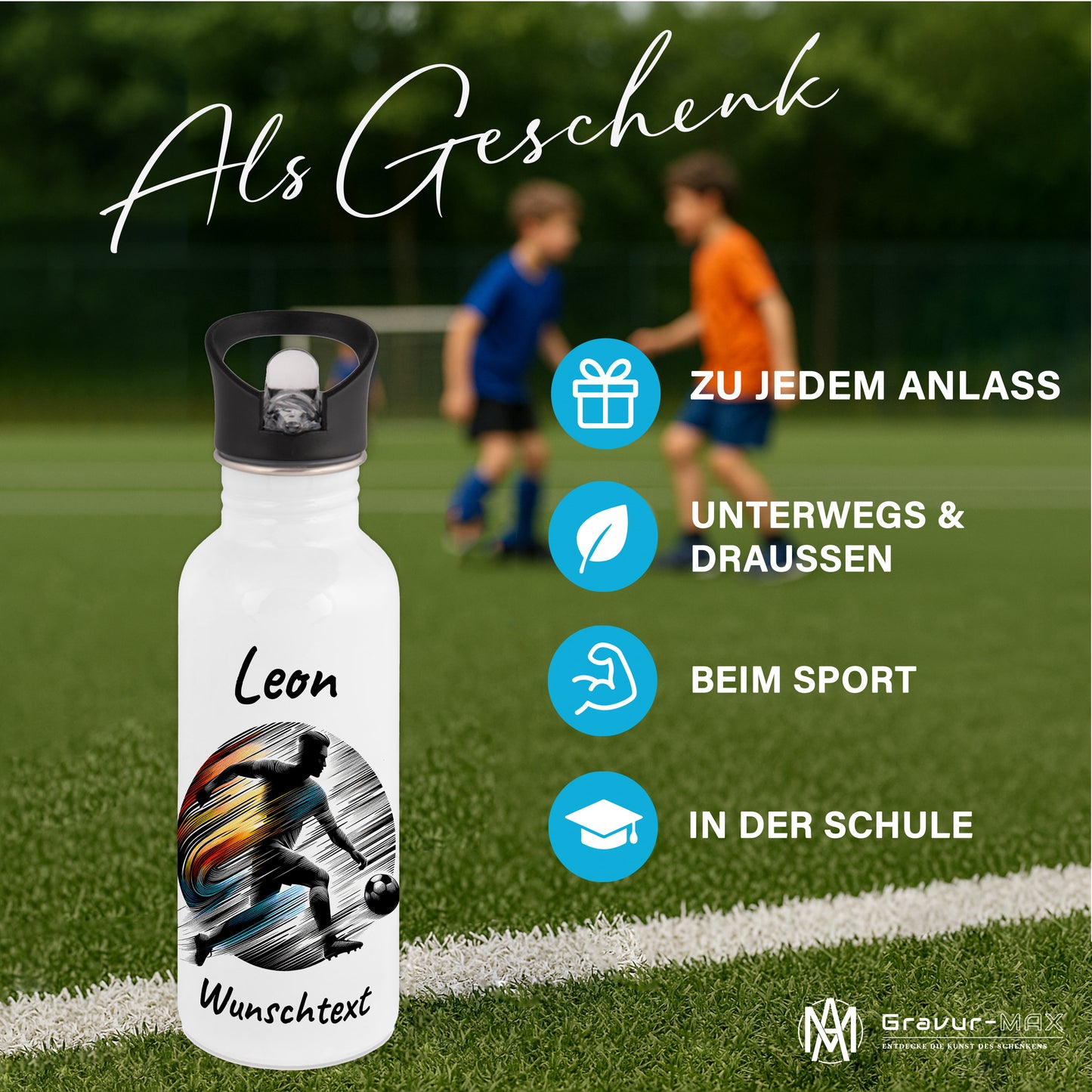 Trinkflasche mit Strohhalm in Weiß 600ml bedruckt mit Fußball Motiven"Motiv2" personalisierbar für Kinder mit Wunschname aus Edelstahl