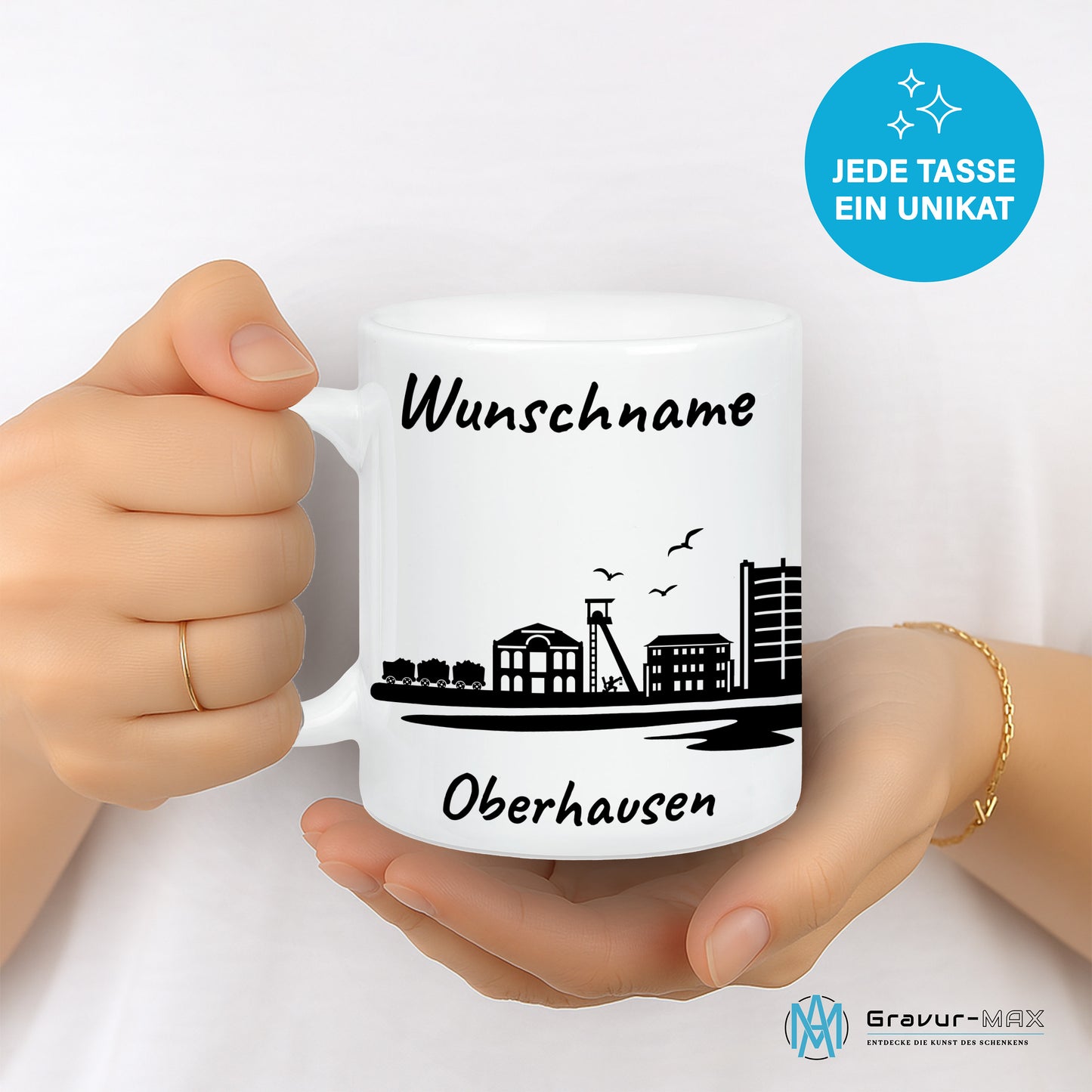Tasse in Weiß 330ml bedruckt mit der Skyline von Oberhausen personalisierbar mit Wunschname