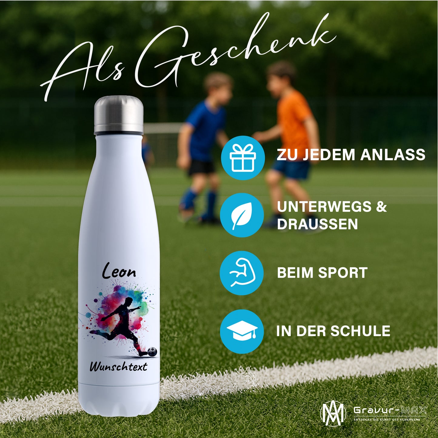 Thermoflasche 500ml in Weiß aus Edelstahl bedruckt "Fußball" Motiv4 personalisierbar mit Wunschname & Text