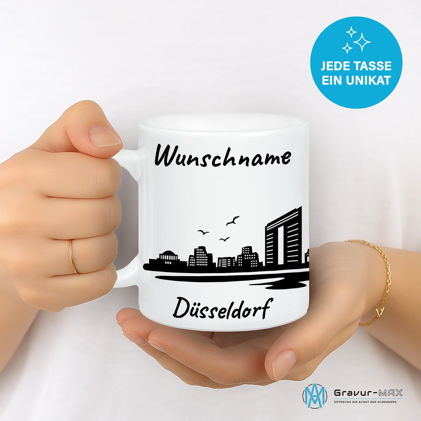 Tasse in Weiß 330ml bedruckt mit der Skyline von Düsseldorf personalisierbar mit Wunschname