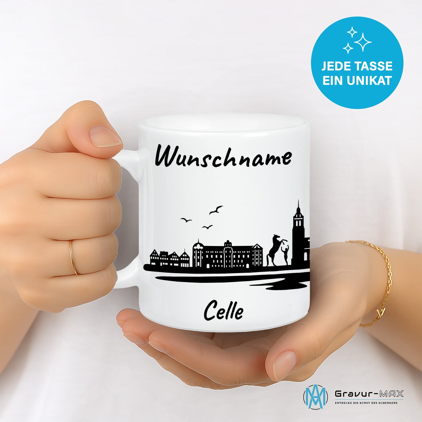 Tasse in Weiß 330ml bedruckt mit der Skyline von Celle personalisierbar mit Wunschname