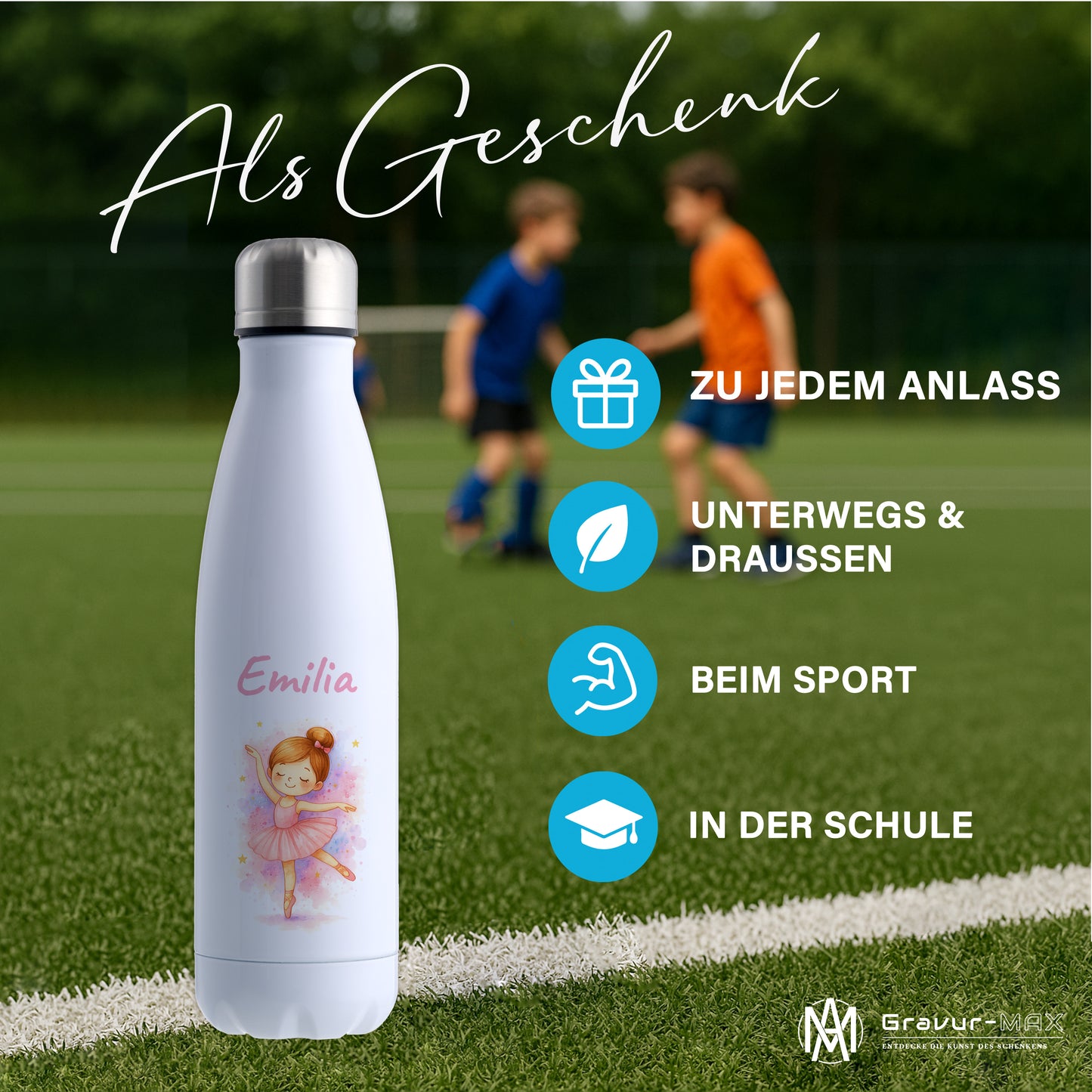 Thermoflasche 500ml in Weiß bedruckt mit tollen Motiven für Kinder "Ballerina" personalisierbar mit Wunschname