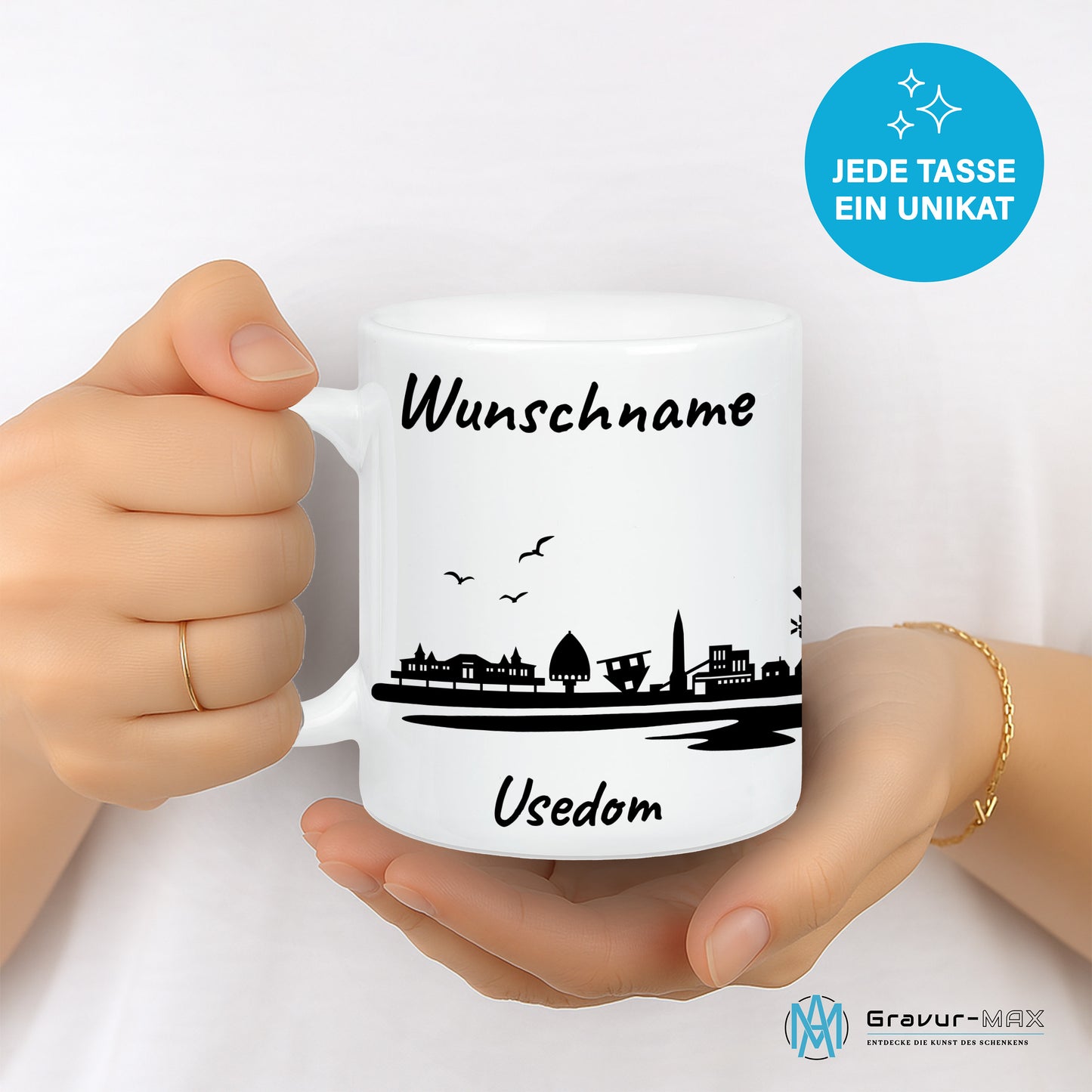 Tasse in Weiß 330ml bedruckt mit der Skyline von Usedom personalisierbar mit Wunschname