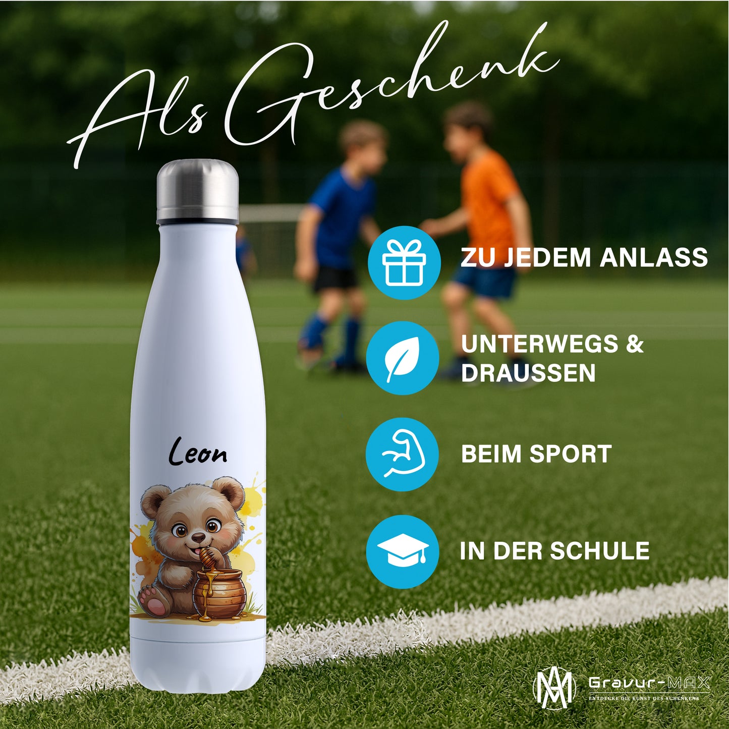 Trinkflasche in Weiß 500ml aus Edelstahl bedruckt mit niedlichen Tieren "Bär" personalisierbar für Kinder mit Wunschname