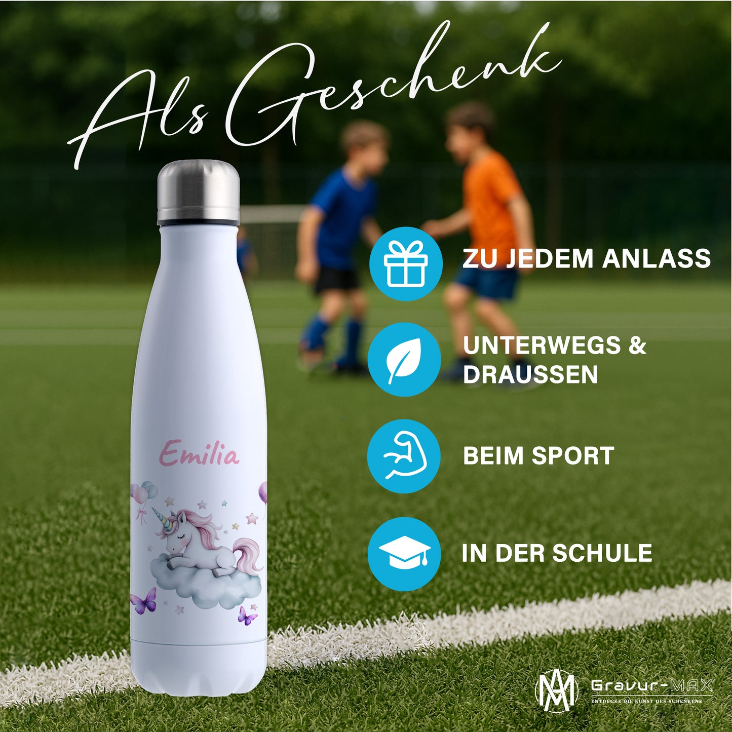 Thermoflasche 500ml in Weiß bedruckt mit tollen Motiven für Kinder "Einhorn Wolke" personalisierbar mit Wunschname