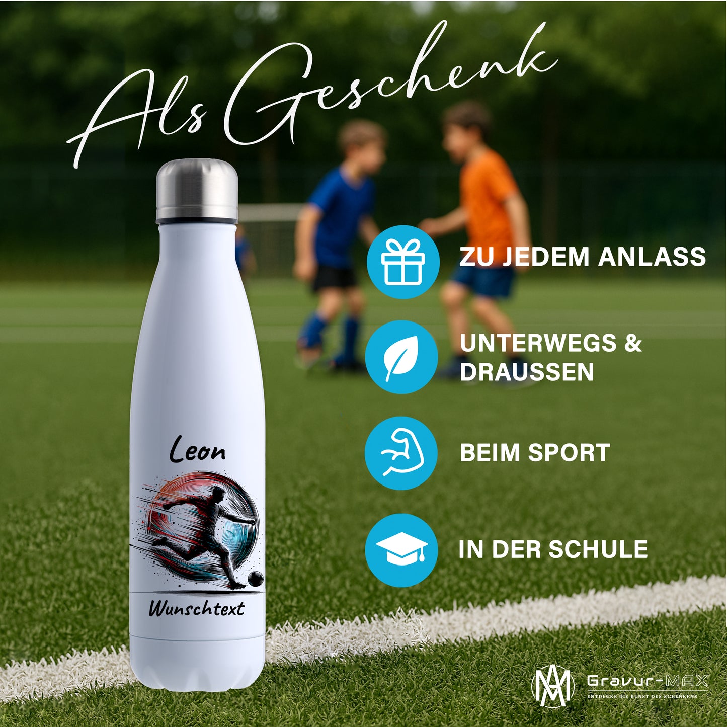 Thermoflasche 500ml in Weiß aus Edelstahl bedruckt "Fußball" Motiv3 personalisierbar mit Wunschname & Text