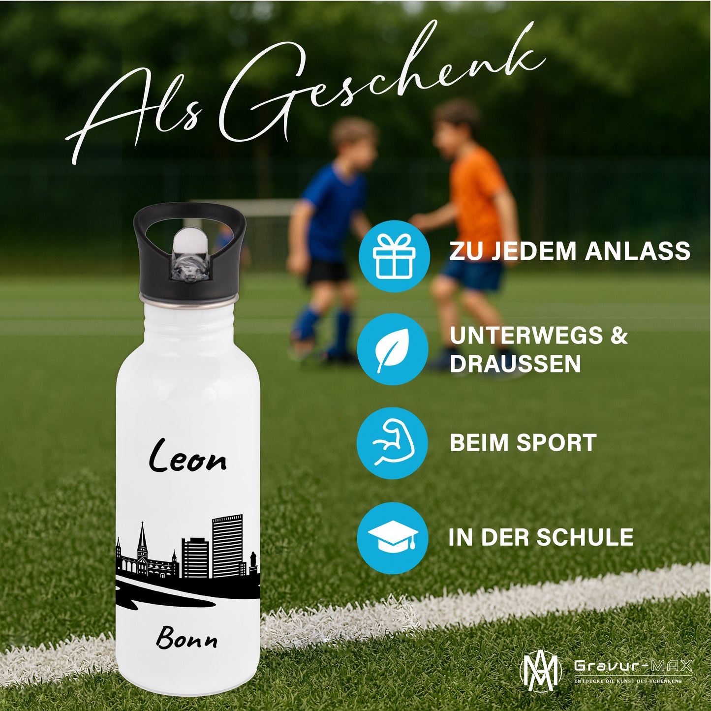 Trinkflasche in Weiß 600ml aus Edelstahl bedruckt mit der Skyline von Bonn personalisierbar mit Wunschname