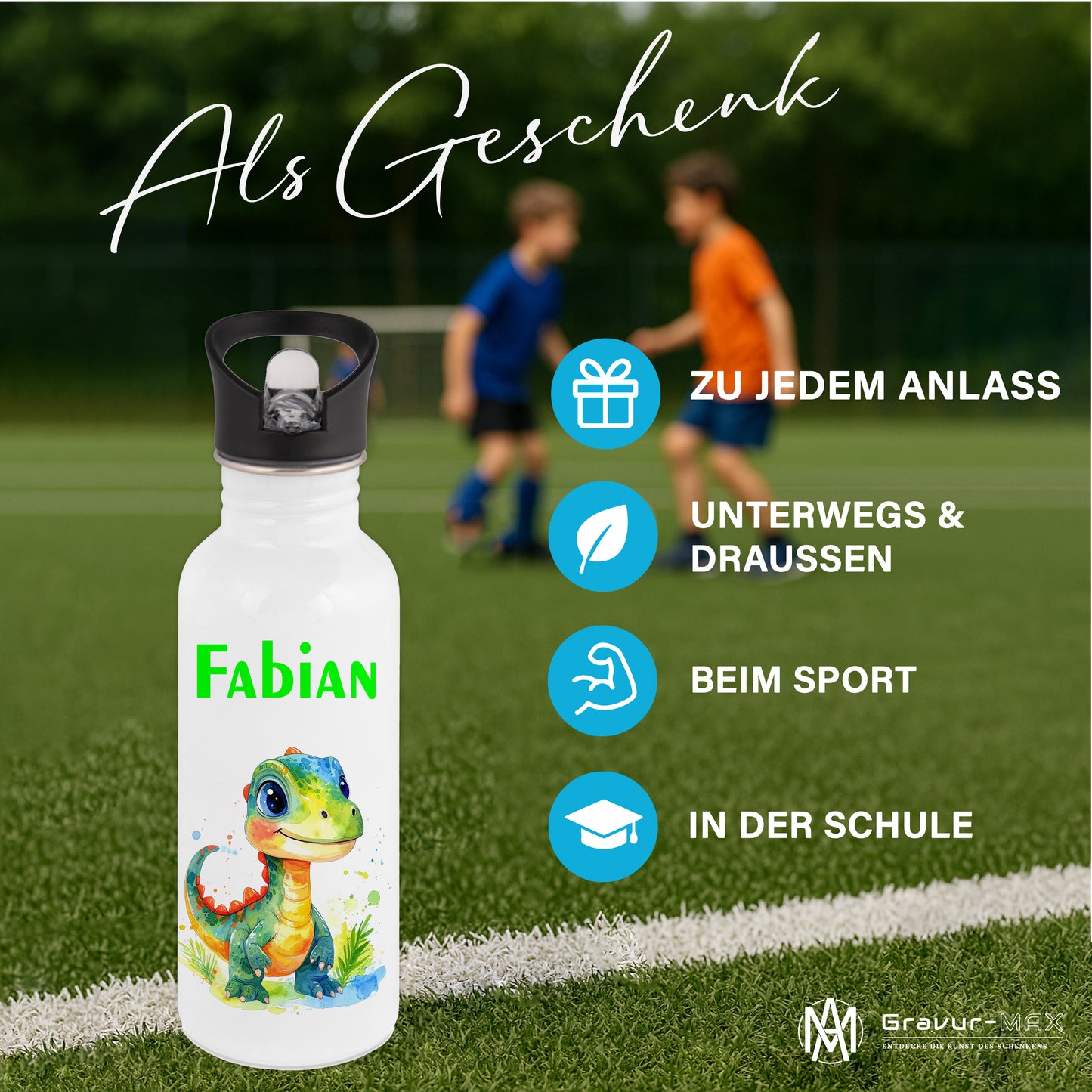 Trinkflasche mit Strohhalm in Weiß 600ml bedruckt mit tollen Motiven für Kinder "Dino Kinder" personalisierbar für Kinder mit Wunschname aus Edelstahl