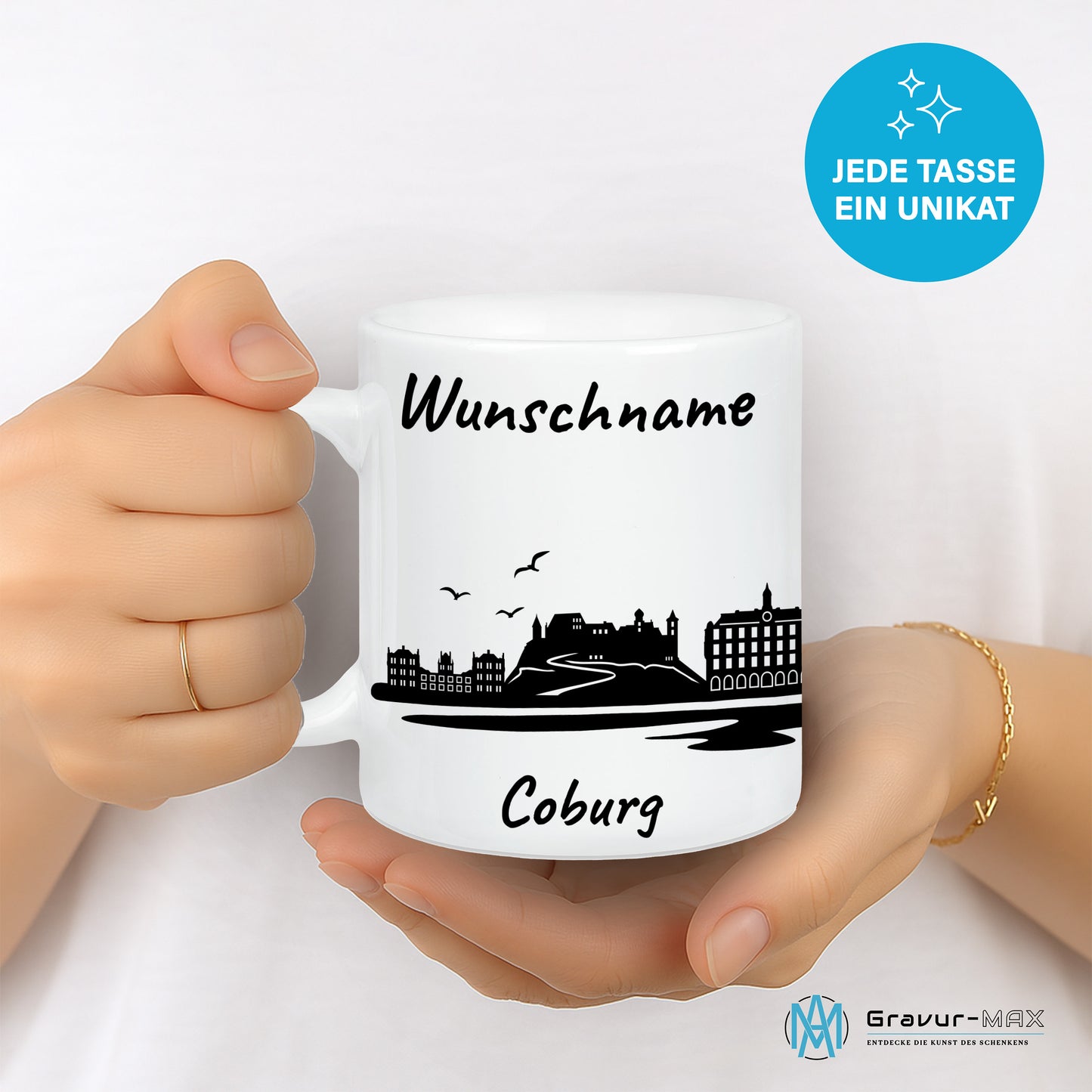Tasse in Weiß 330ml bedruckt mit der Skyline von Coburg personalisierbar mit Wunschname