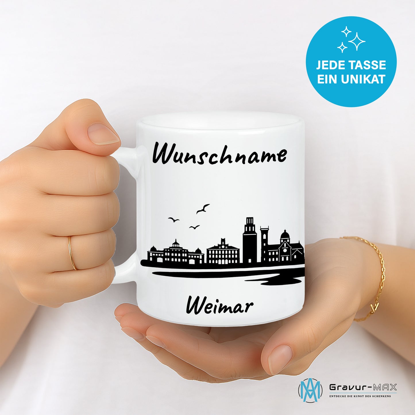 Tasse in Weiß 330ml bedruckt mit der Skyline von Weimar personalisierbar mit Wunschname