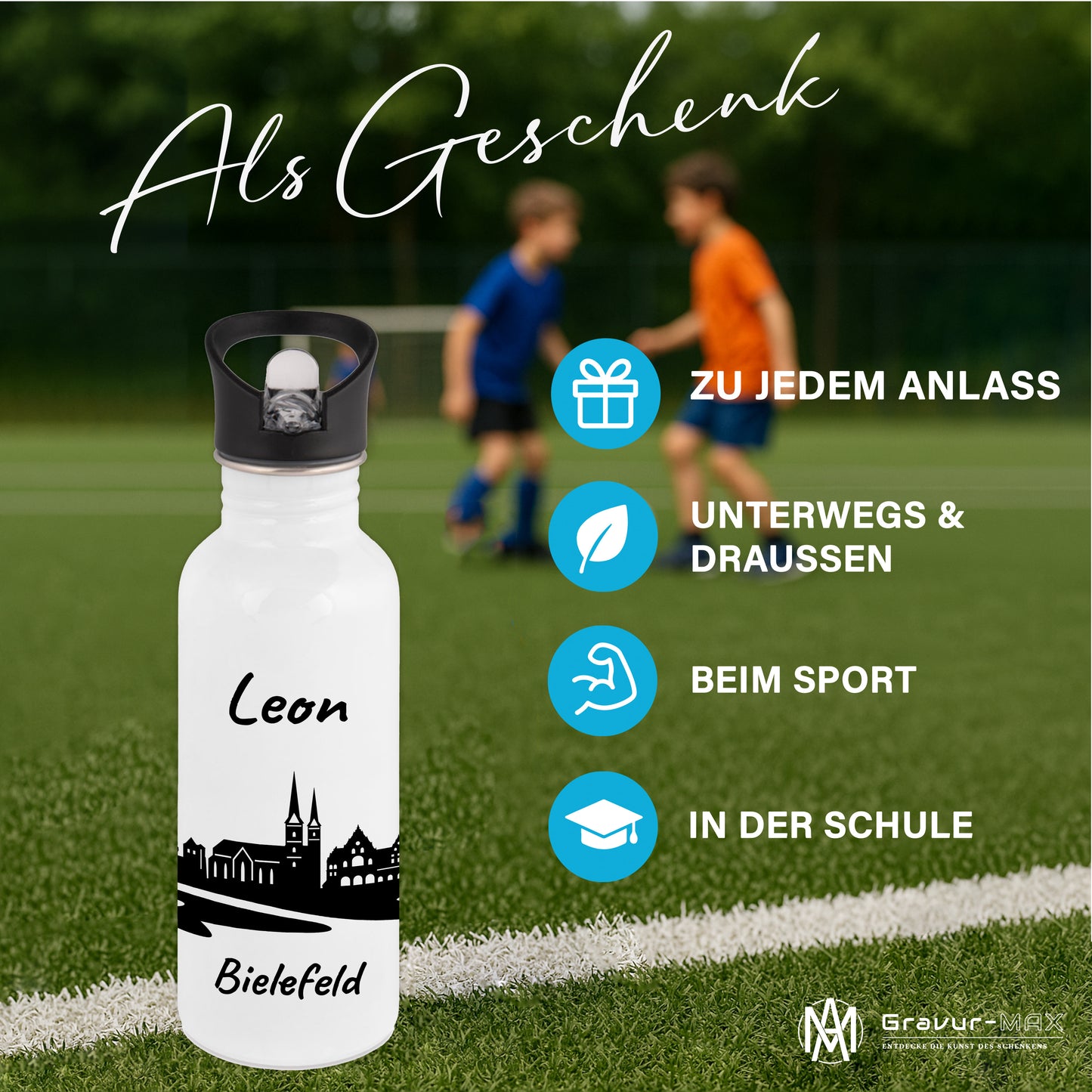 Trinkflasche in Weiß 600ml aus Edelstahl bedruckt mit der Skyline von Bielefeld personalisierbar mit Wunschname