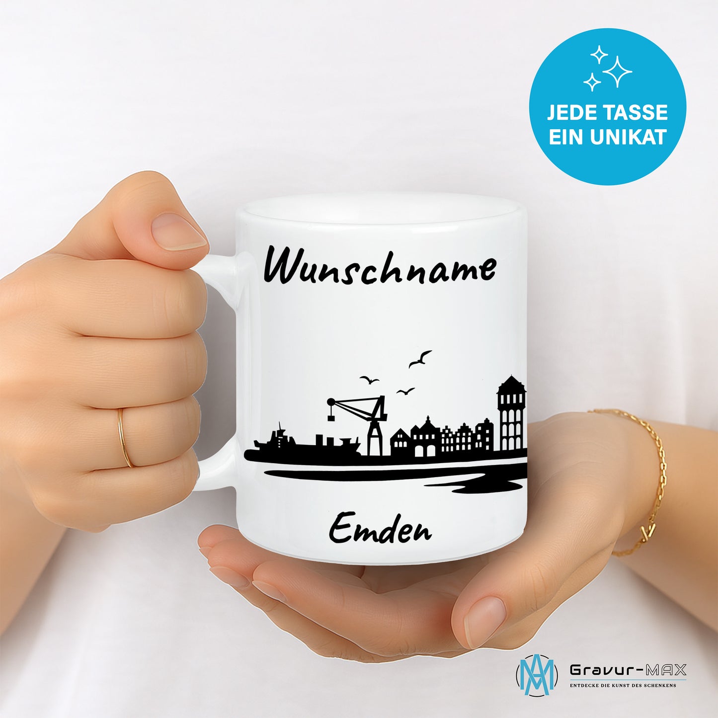 Tasse in Weiß 330ml bedruckt mit der Skyline von Emden personalisierbar mit Wunschname
