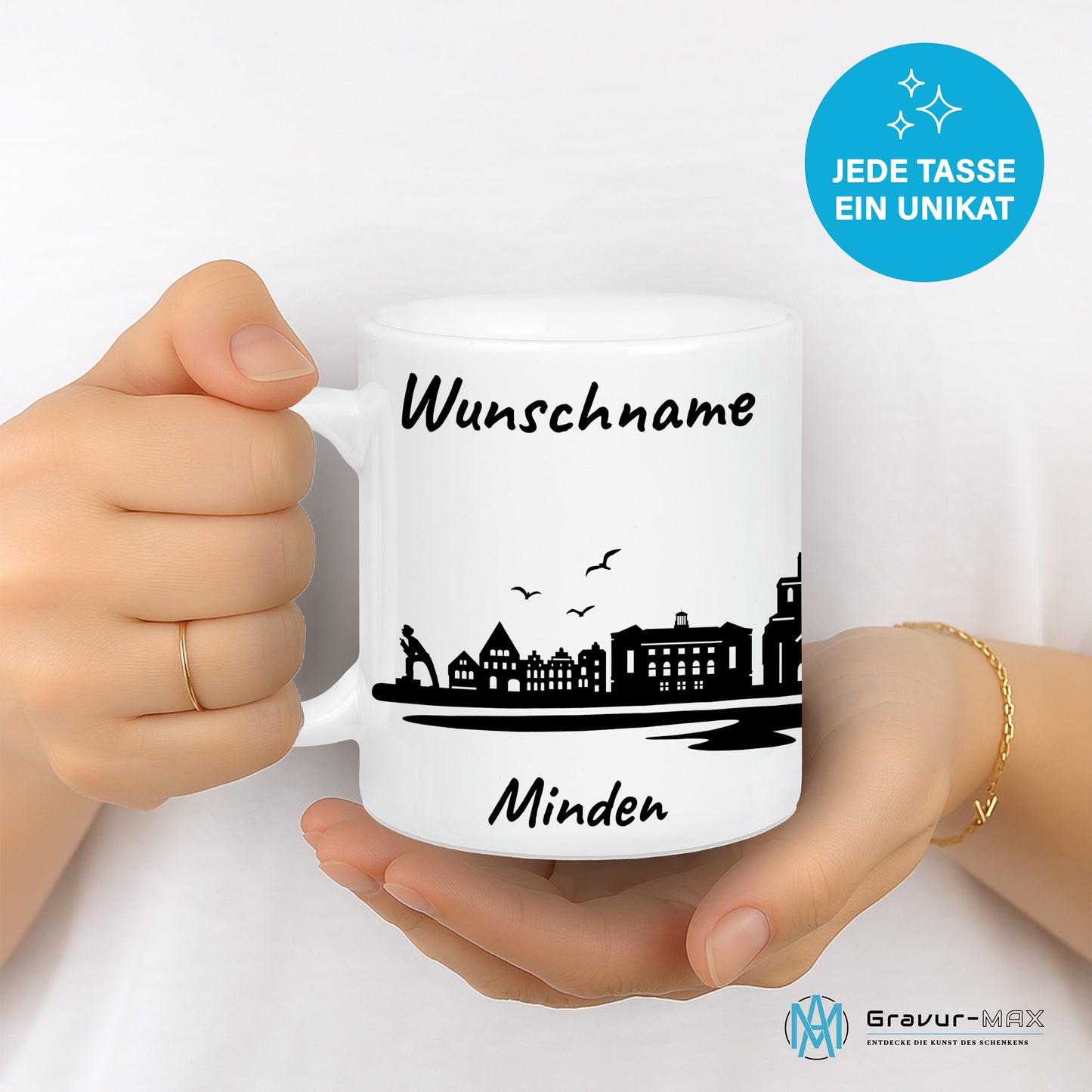 Tasse in Weiß 330ml bedruckt mit der Skyline von Minden personalisierbar mit Wunschname
