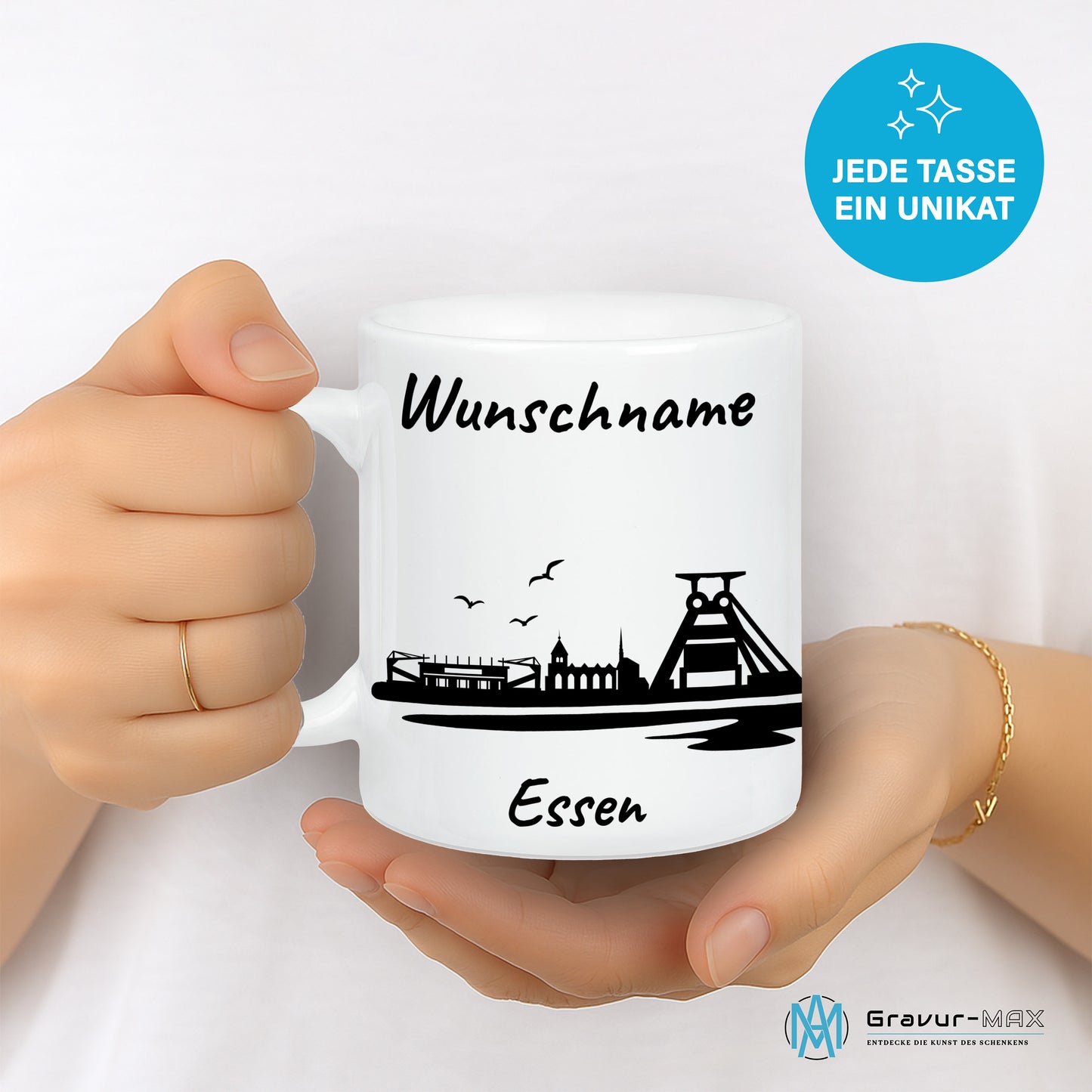 Tasse in Weiß 330ml bedruckt mit der Skyline von Essen personalisierbar mit Wunschname