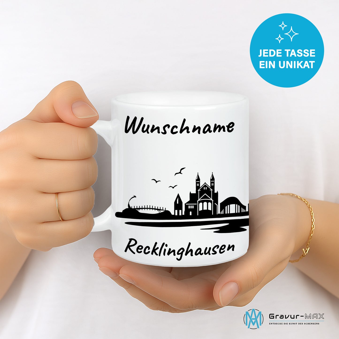 Tasse in Weiß 330ml bedruckt mit der Skyline von Recklinghausen personalisierbar mit Wunschname