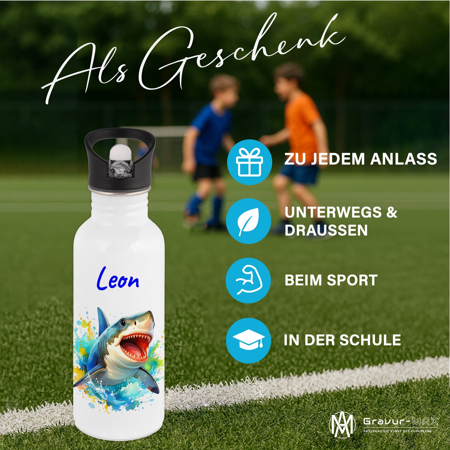 Trinkflasche mit Strohhalm in Weiß 600ml bedruckt mit tollen Motiven für Kinder "Hai" personalisierbar für Kinder mit Wunschname aus Edelstahl