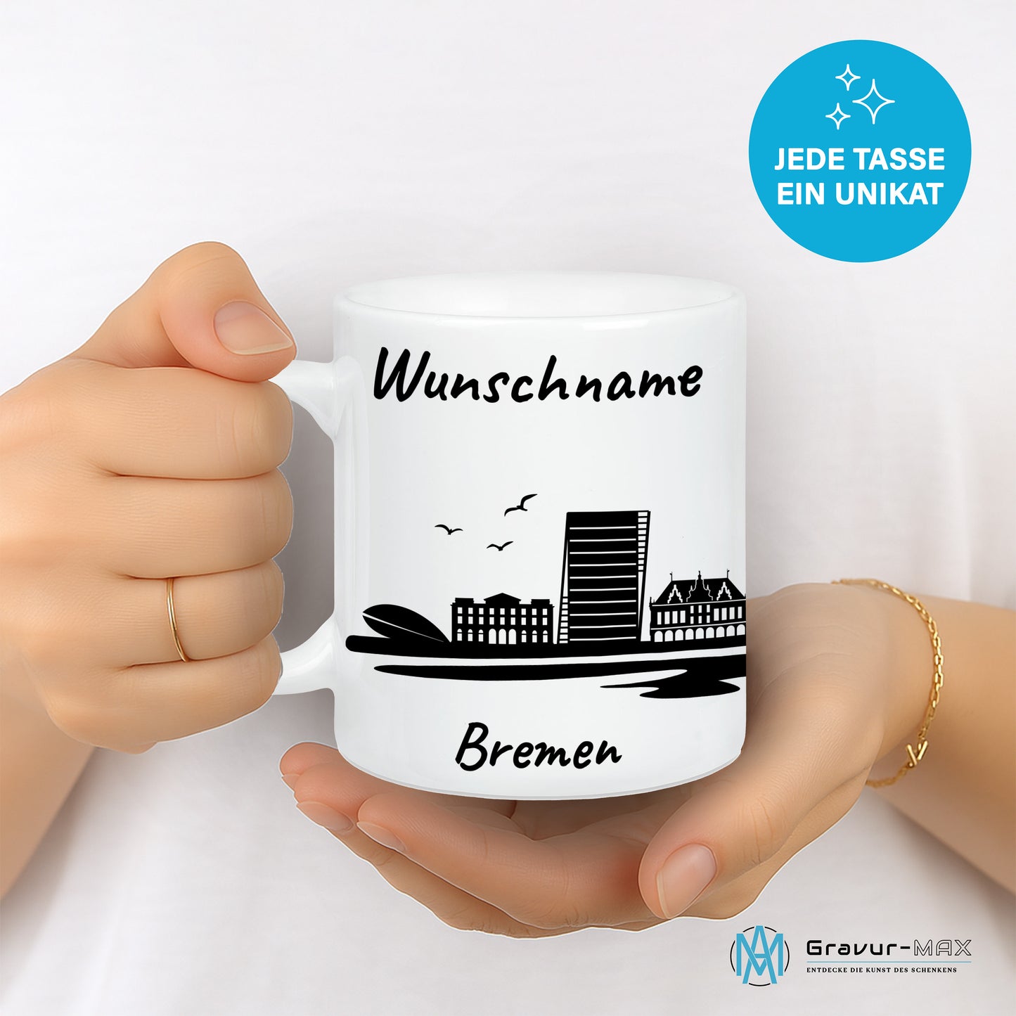 Tasse in Weiß 330ml bedruckt mit der Skyline von Bremen personalisierbar mit Wunschname