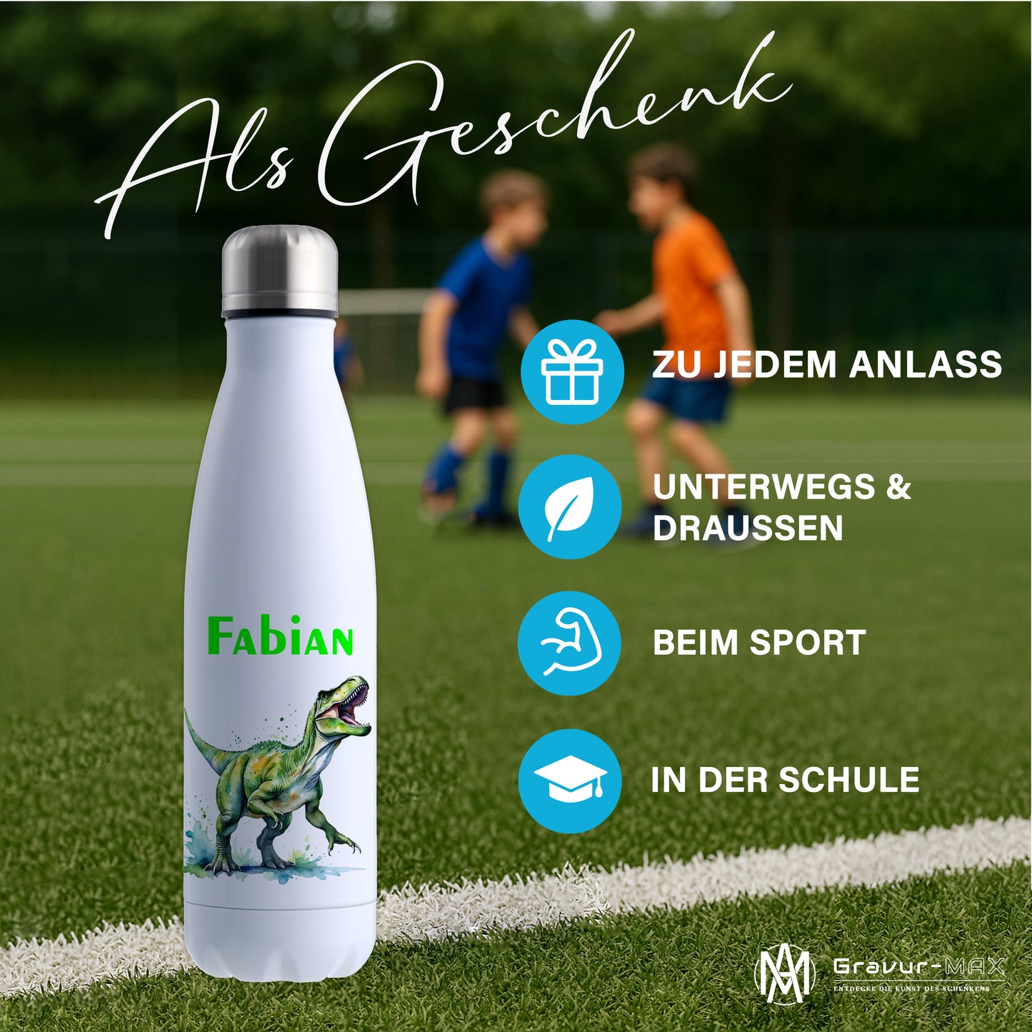 Thermoflasche 500ml in Weiß bedruckt mit tollen Motiven für Kinder "Dino T-Rex" personalisierbar mit Wunschname