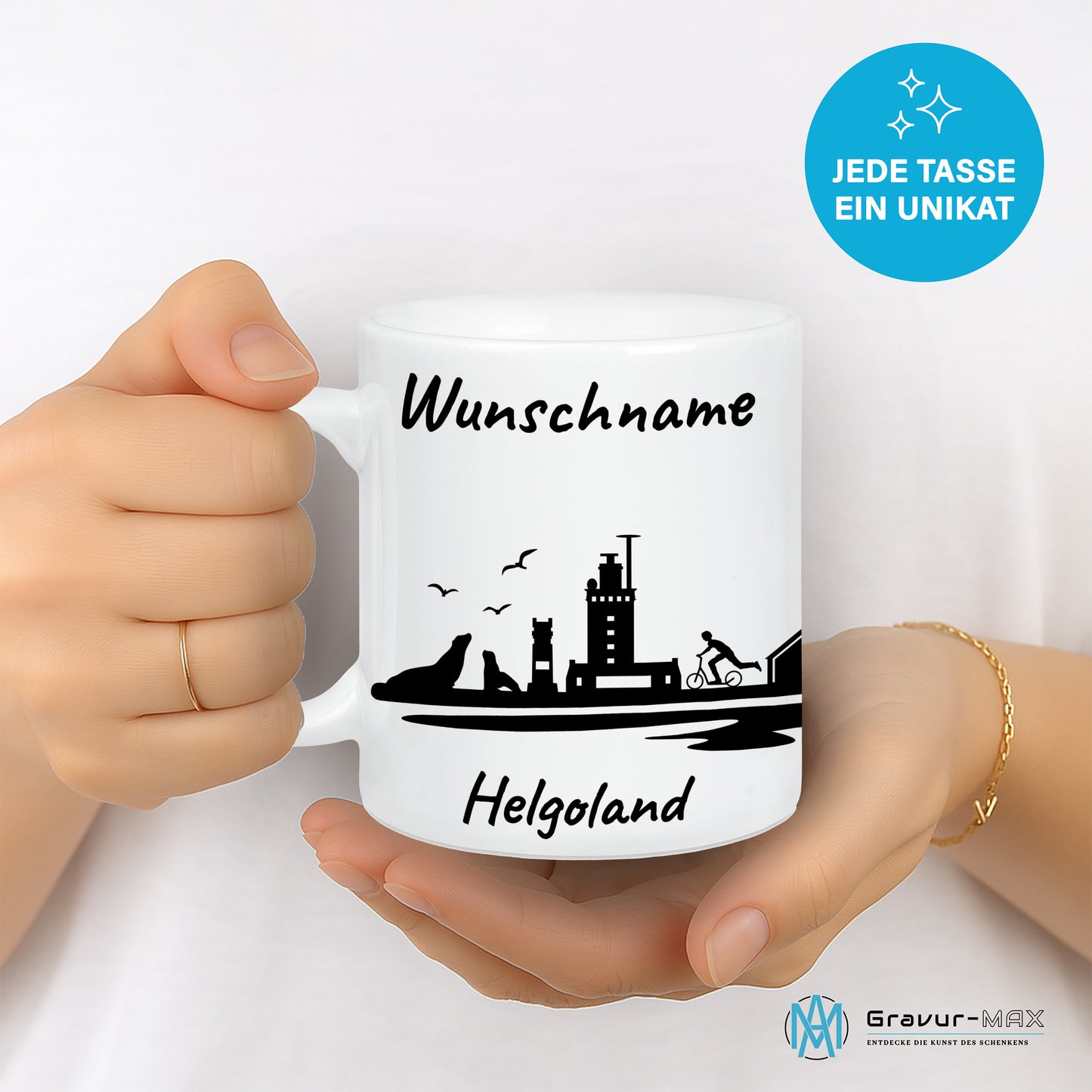 Tasse in Weiß 330ml bedruckt mit der Skyline von Helgoland personalisierbar mit Wunschname