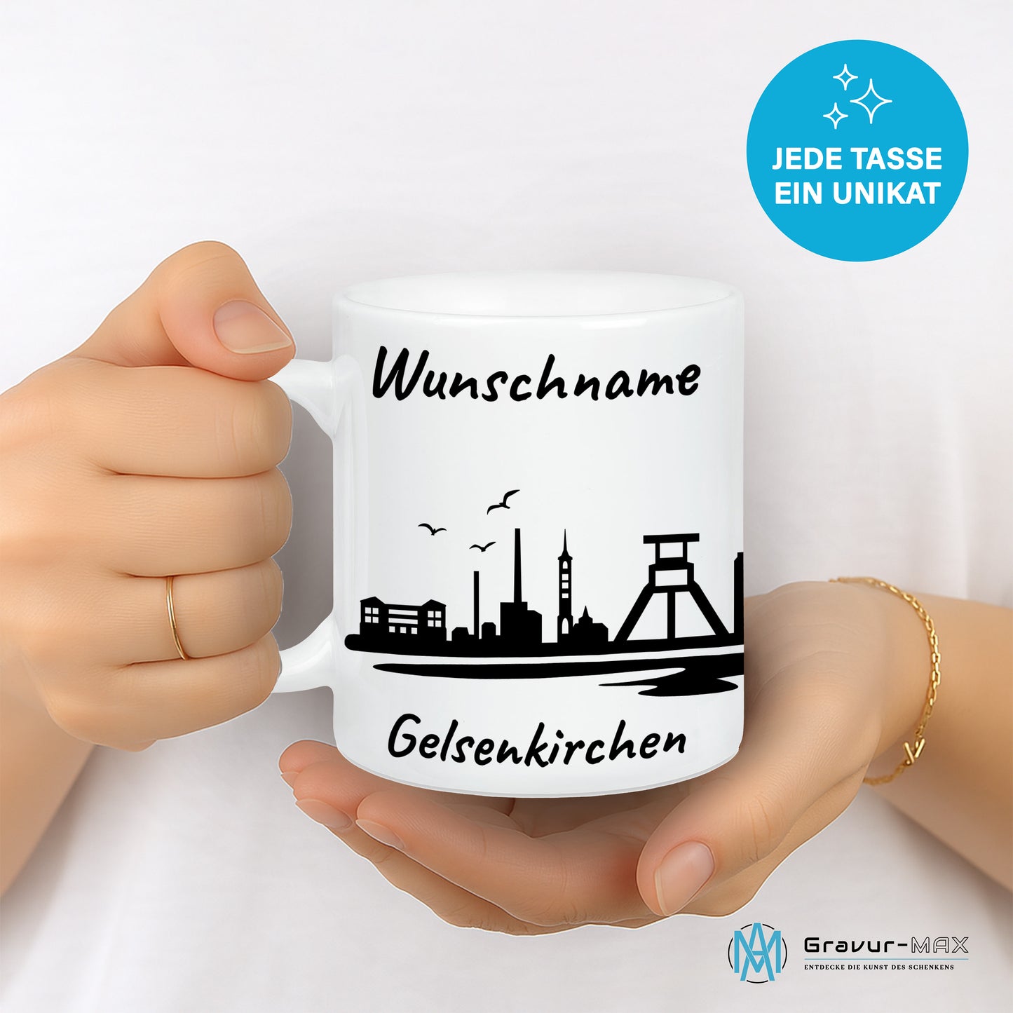Tasse in Weiß 330ml bedruckt mit der Skyline von Gelsenkirchen personalisierbar mit Wunschname