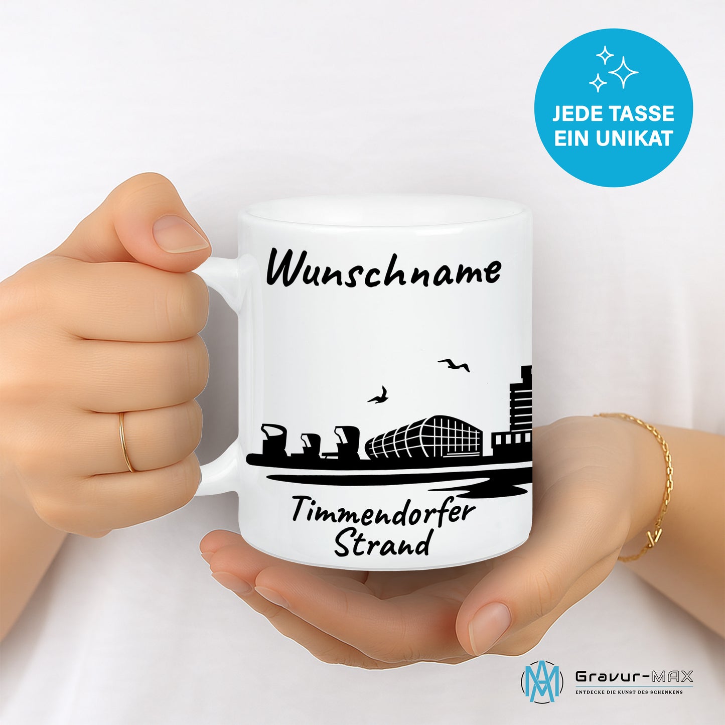 Tasse in Weiß 330ml bedruckt mit der Skyline von Timmendorfer Strand personalisierbar mit Wunschname