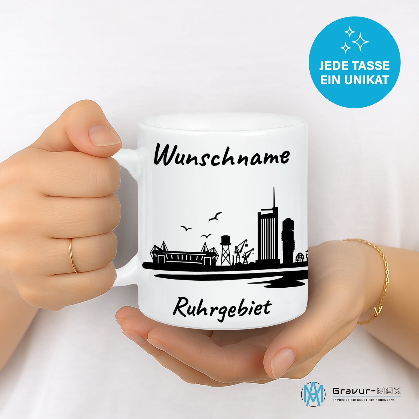 Tasse in Weiß 330ml bedruckt mit der Skyline von Ruhrgebiet personalisierbar mit Wunschname