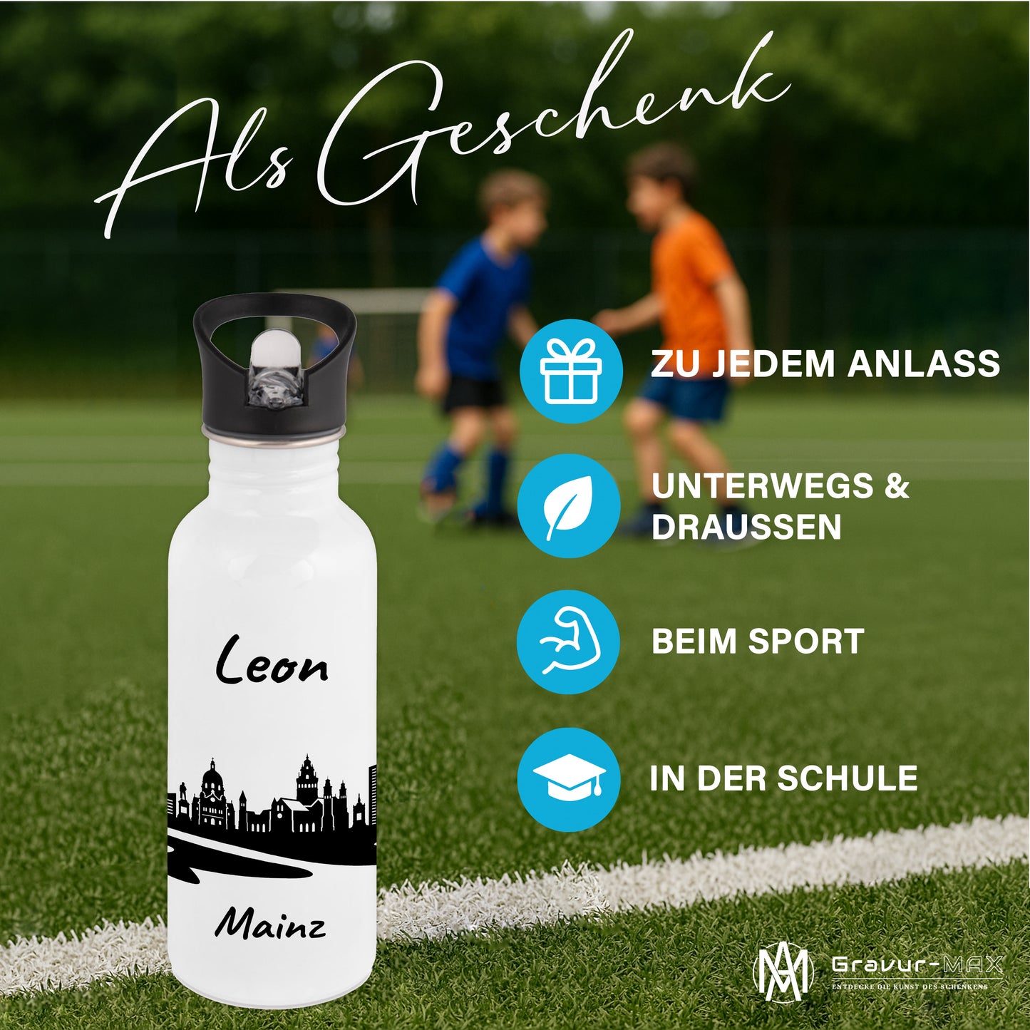 Trinkflasche in Weiß 600ml aus Edelstahl bedruckt mit der Skyline von Mainz personalisierbar mit Wunschname