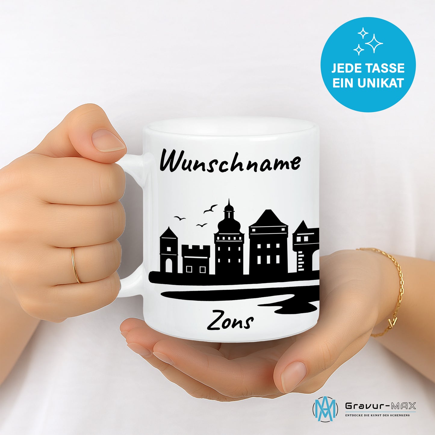 Tasse in Weiß 330ml bedruckt mit der Skyline von Zons (Dormagen) personalisierbar mit Wunschname