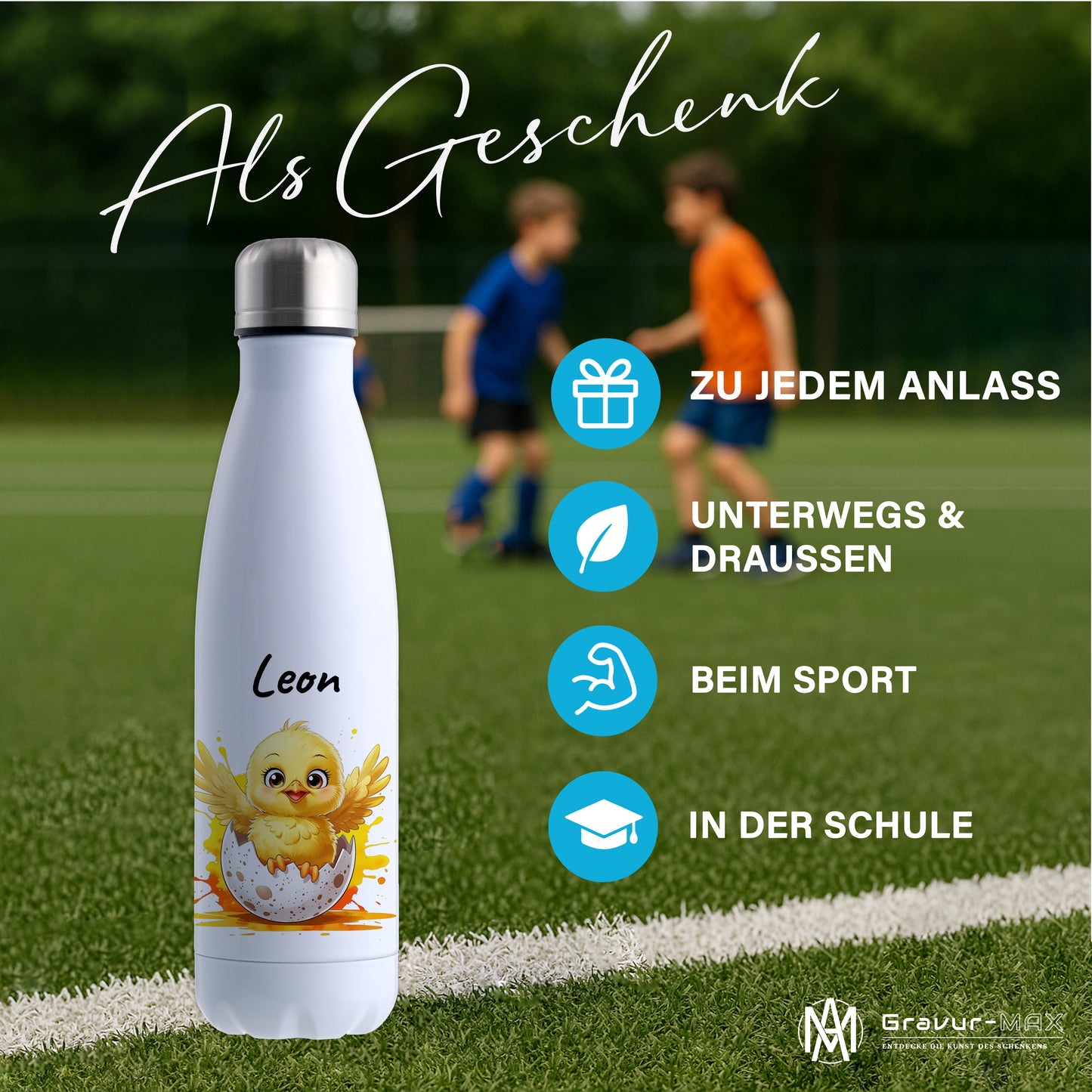 Trinkflasche in Weiß 500ml aus Edelstahl bedruckt mit niedlichen Tieren "Küken" personalisierbar für Kinder mit Wunschname