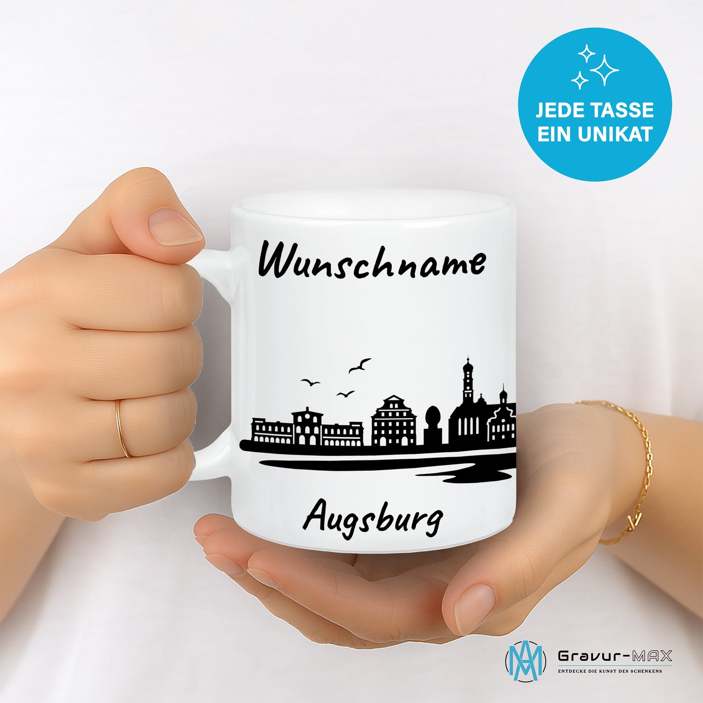 Tasse in Weiß 330ml bedruckt mit der Skyline von Augsburg personalisierbar mit Wunschname