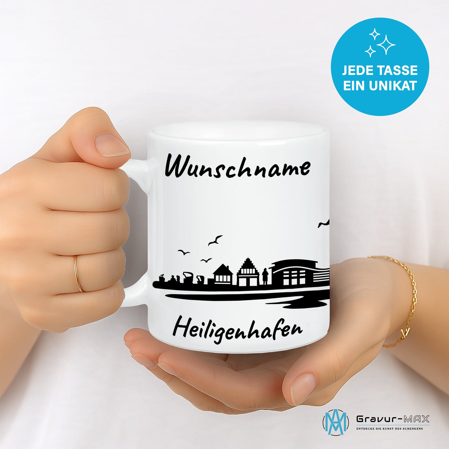 Tasse in Weiß 330ml bedruckt mit der Skyline von Heiligenhafen personalisierbar mit Wunschname