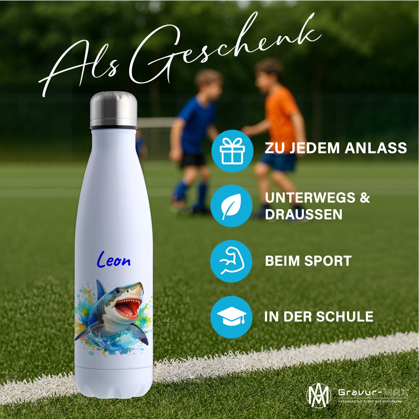 Thermoflasche 500ml in Weiß bedruckt mit tollen Motiven für Kinder "Hai" personalisierbar mit Wunschname