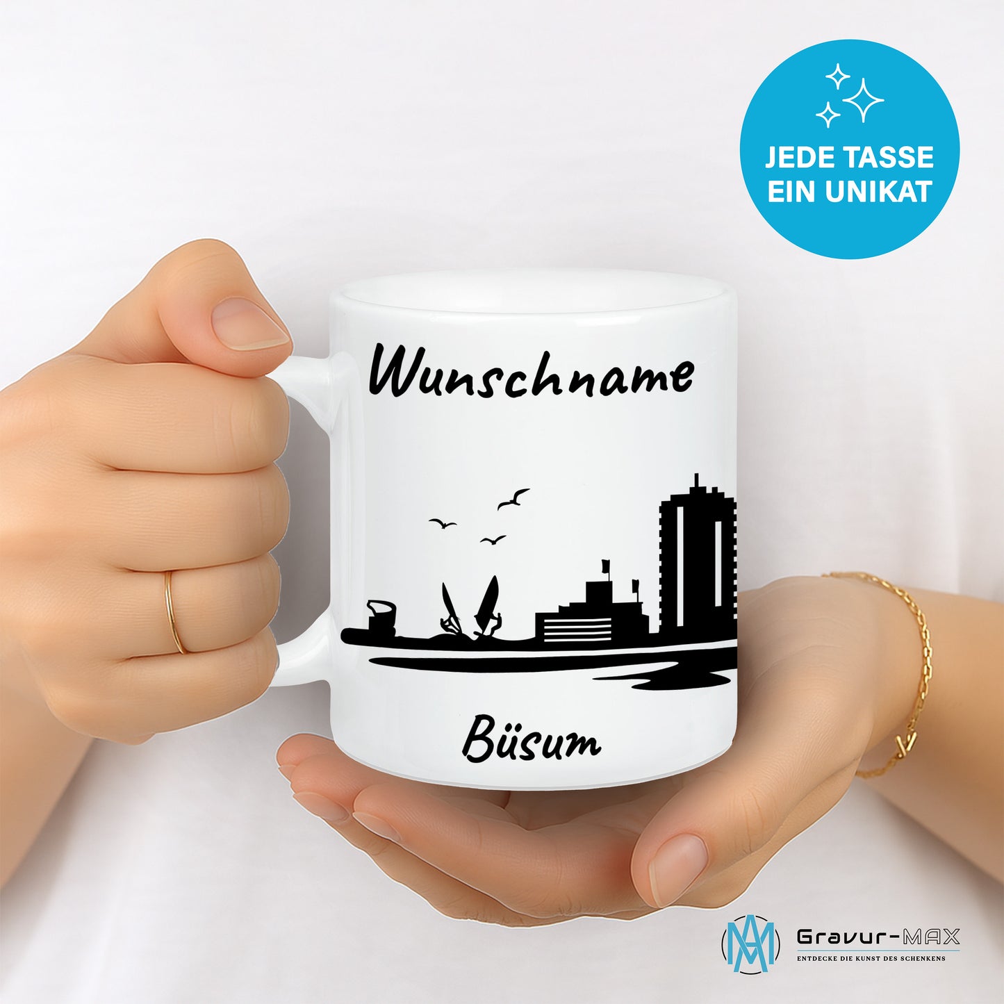 Tasse in Weiß 330ml bedruckt mit der Skyline von Büsum personalisierbar mit Wunschname