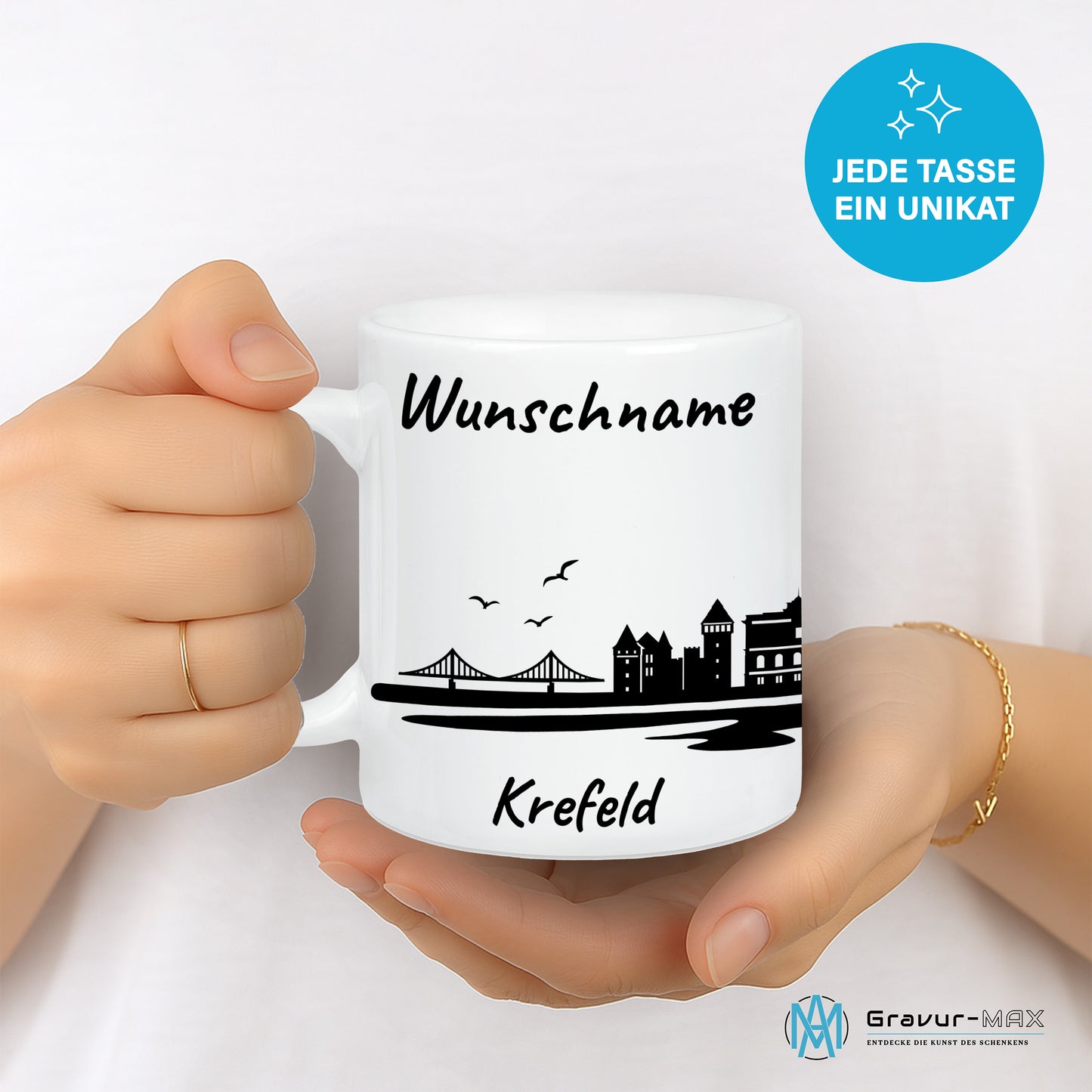 Tasse in Weiß 330ml bedruckt mit der Skyline von Krefeld personalisierbar mit Wunschname