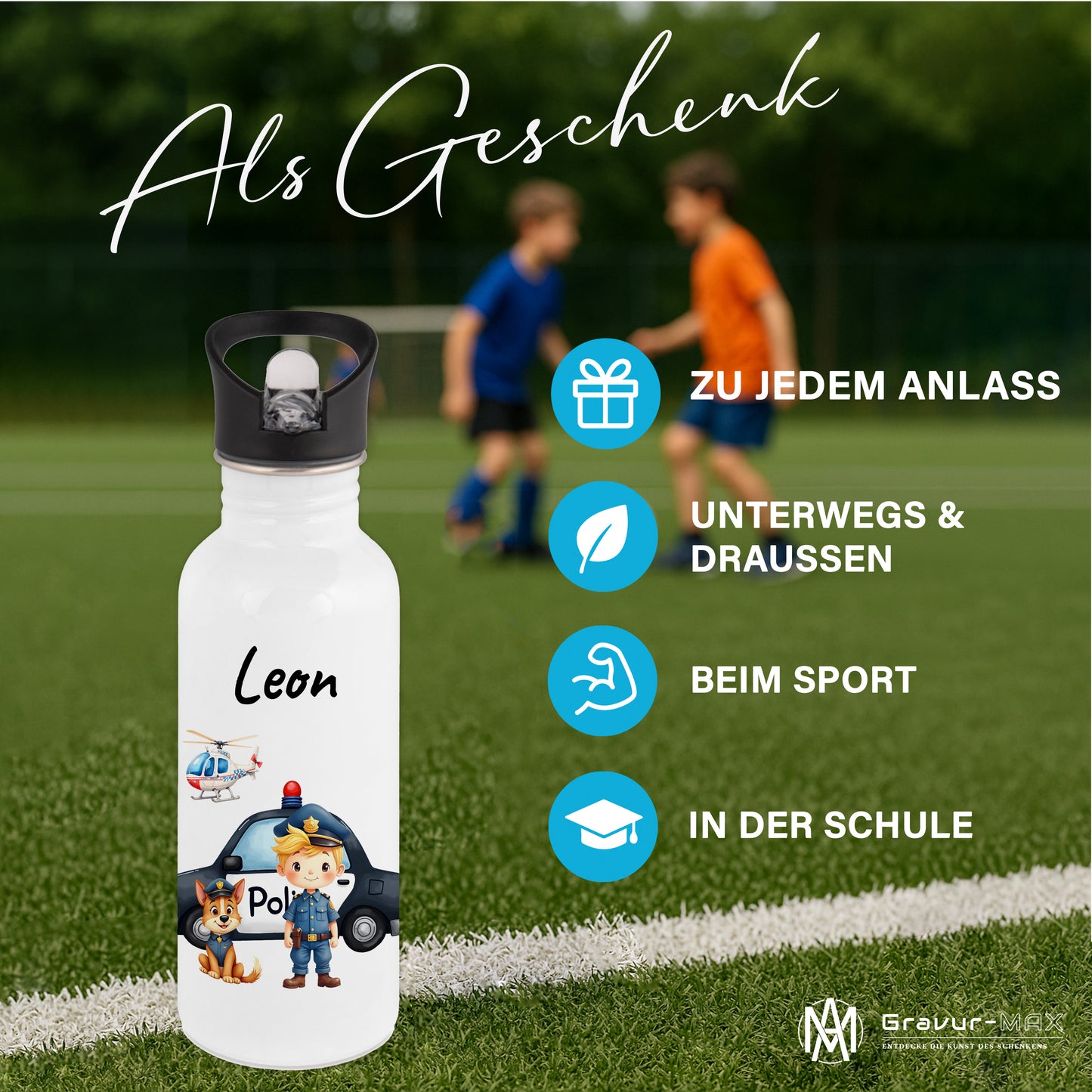Trinkflasche mit Strohhalm in Weiß 600ml bedruckt mit tollen Motiven für Kinder "Polizei" personalisierbar für Kinder mit Wunschname aus Edelstahl