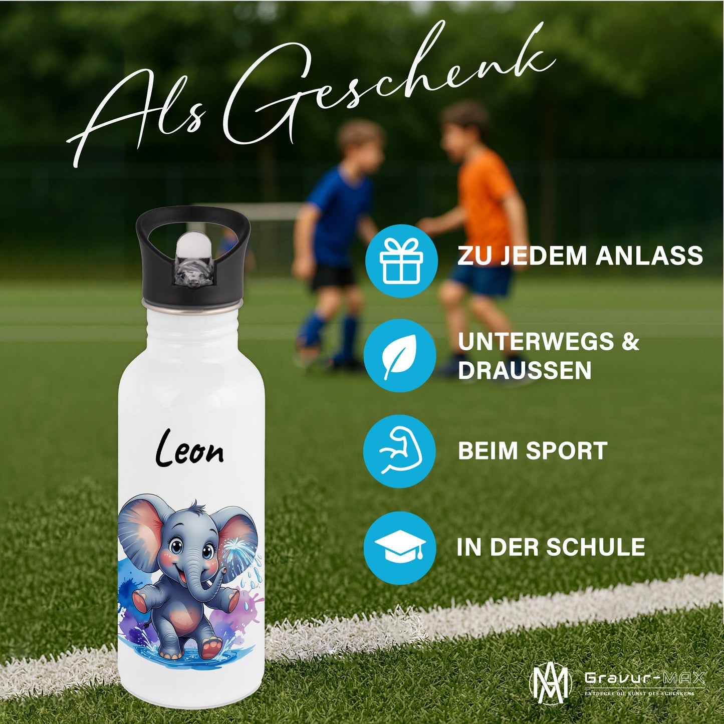 Trinkflasche mit Strohhalm in Weiß 600ml bedruckt mit niedlichen Tieren"Elefant" personalisierbar für Kinder mit Wunschname aus Edelstahl