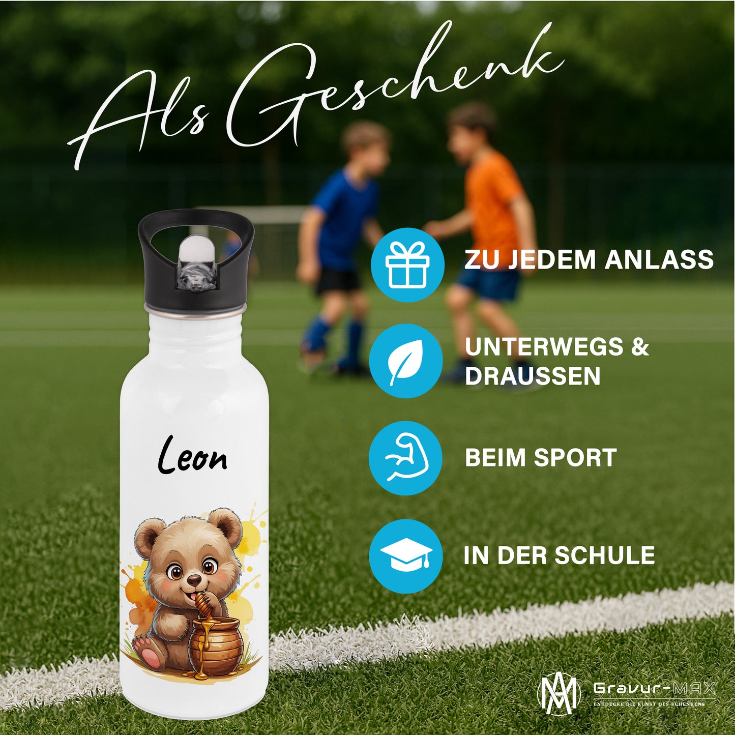 Trinkflasche mit Strohhalm in Weiß 600ml bedruckt mit niedlichen Tieren"Bär" personalisierbar für Kinder mit Wunschname aus Edelstahl